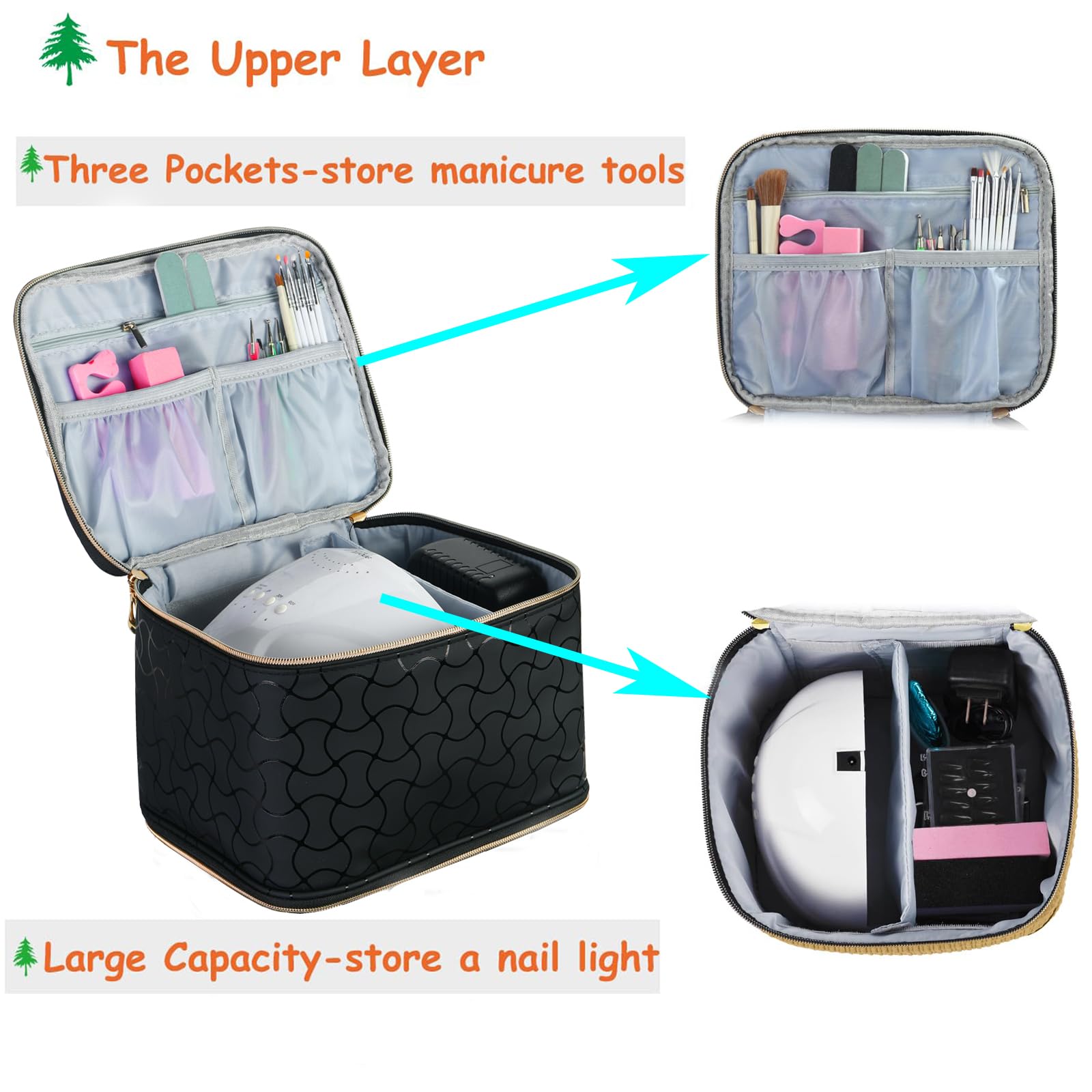 Nail Polish Organizer Holds 30 Bottles (15ml) and 1 Nail Light Nail Polish Carrying Case with Storage Pockets for Manicure Tools Double Layer Nail Storage Travel Bag with Handle (): B-Black