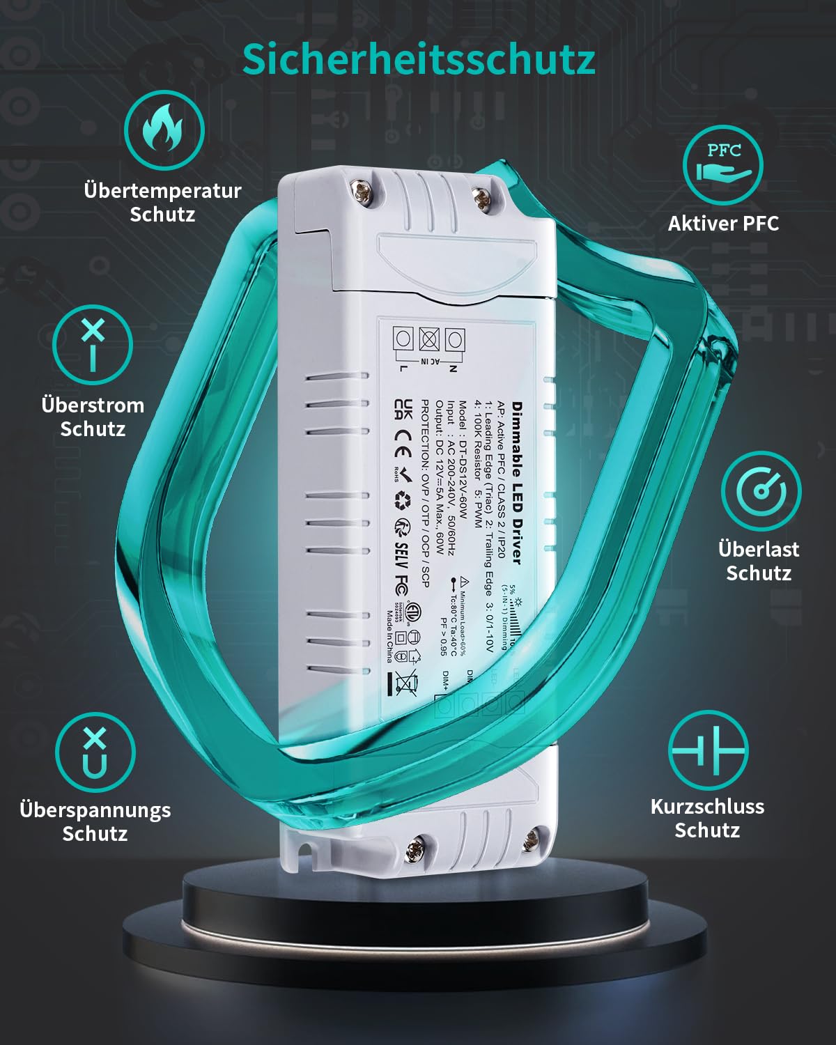 LED Trafo 12V 60W Dimmbar Triac & 0/1-10V, 5A 230V auf 12V DC Treiber
