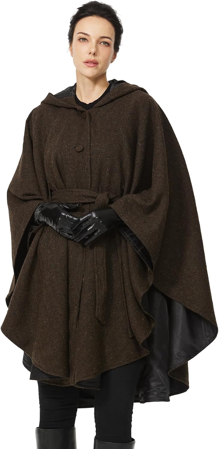 Women Wool Cape Coat with Hood Sleeveless Belted Cloak Cape Poncho for Fall Winter