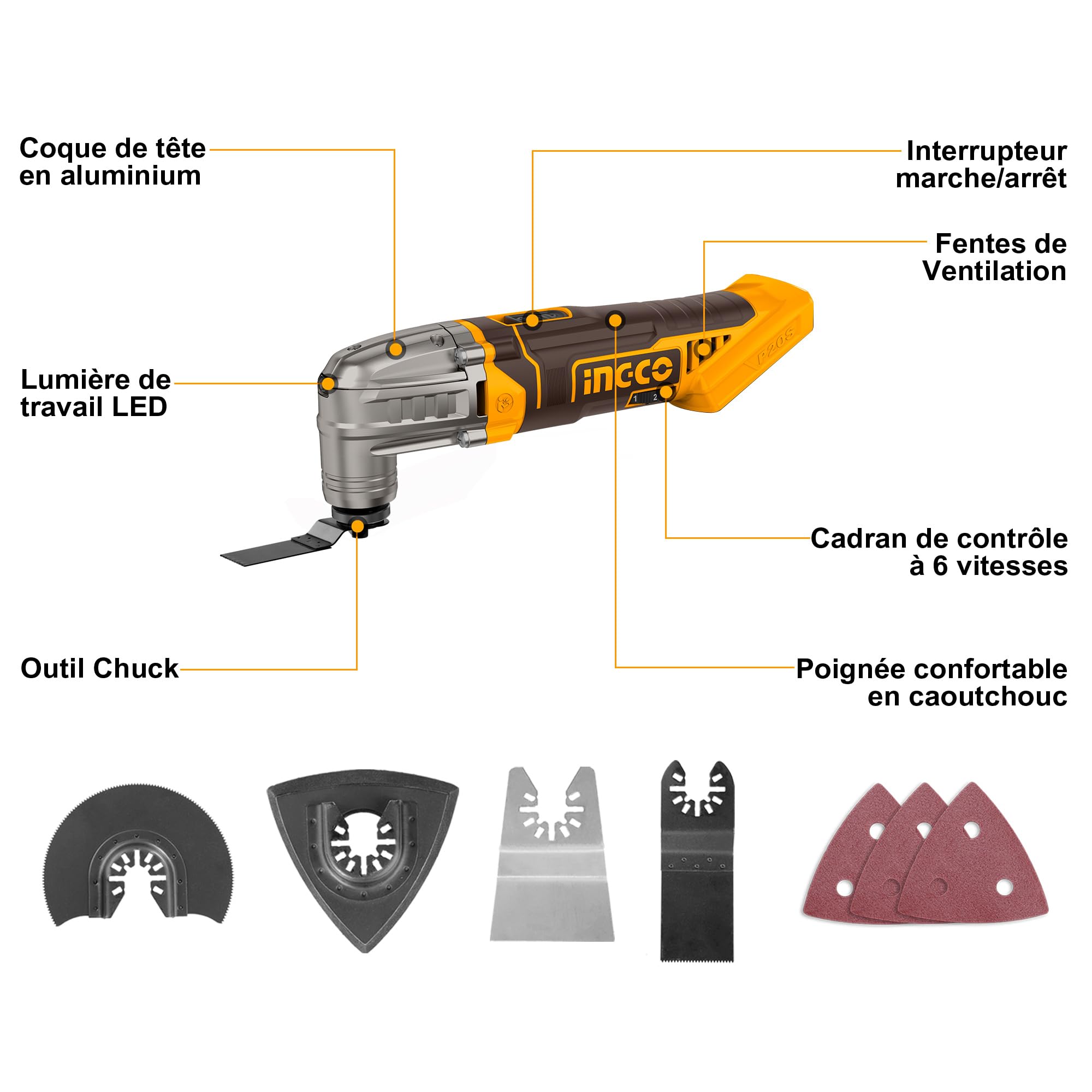INGCO Outil Oscillant sans Fil 20V (Produit seul) Outil Multifonction Oscillant 5000-20000 tr/min, 6 Vitesses, avec 8 Pièces Accessoires pour Couper, Poncer, Gratter, Scier CMLI2022