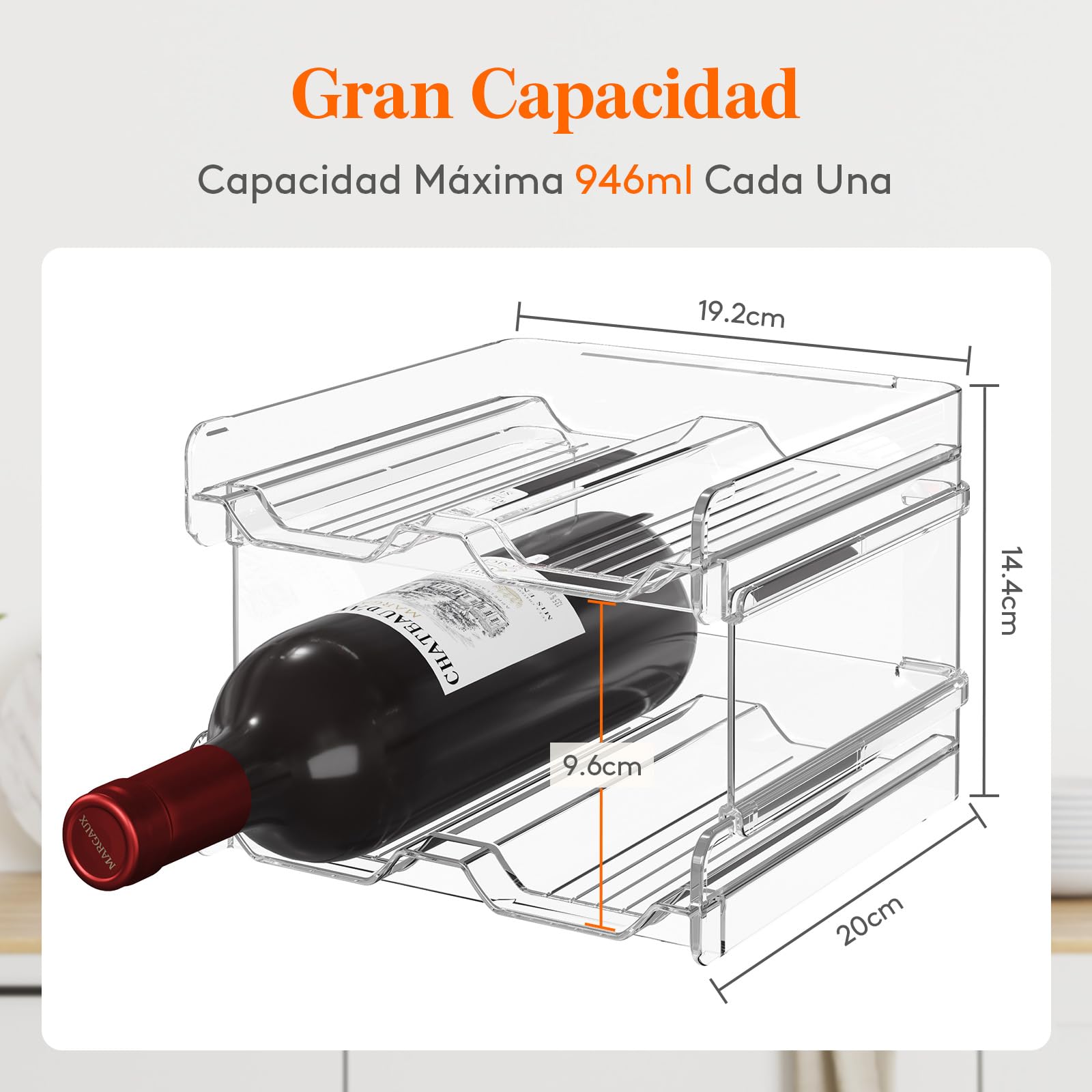Lifewit Botellero apilable de plástico para Nevera, Armario, encimera, Soporte para Botellas de Vino, Organizador de Botellas de Agua para Nevera, despensa, Capacidad para 4 Botellas,Transparente — view 4