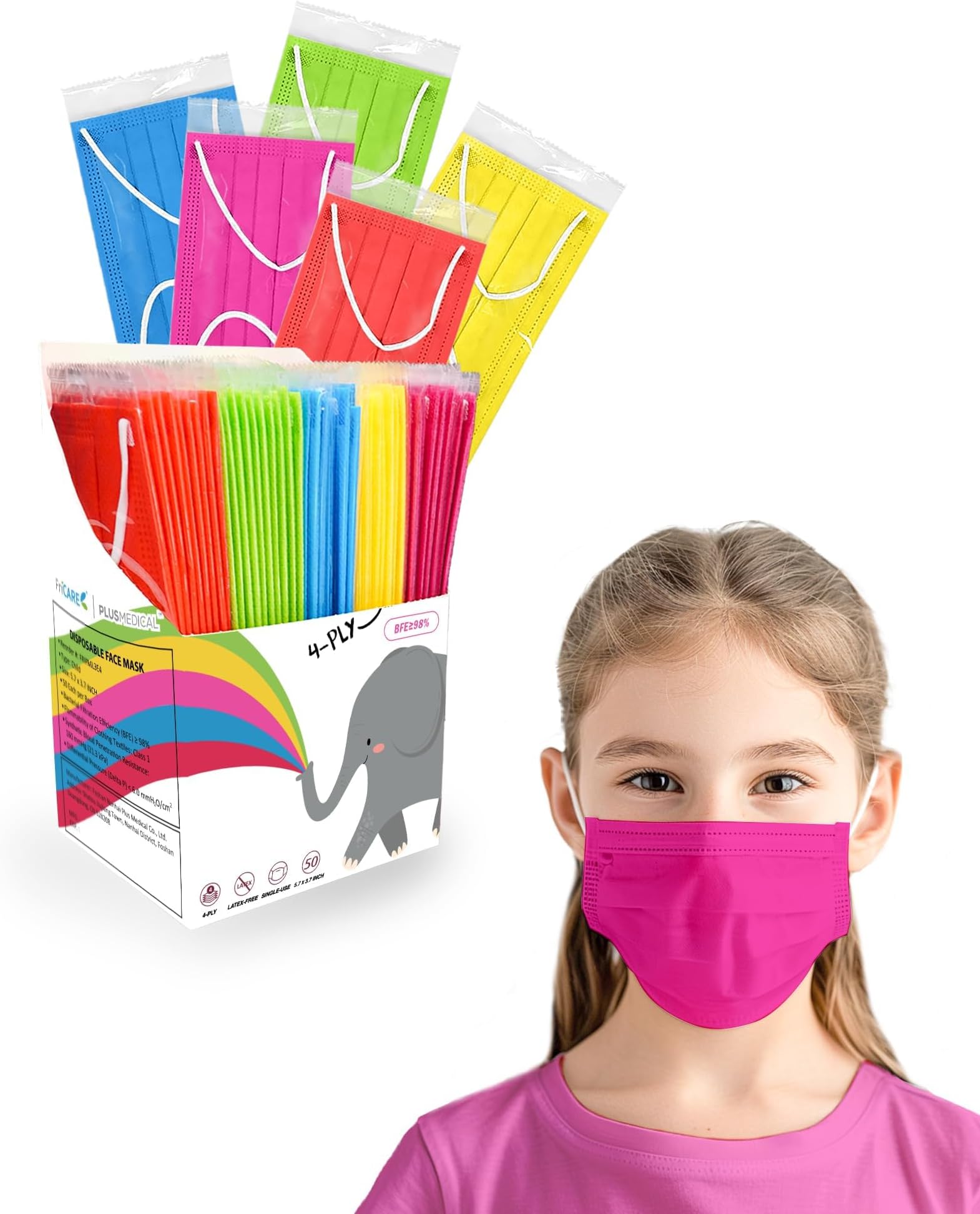 FriCARE Face Masks Disposable for Kids, 4 Ply ASTM Level 3, FSA HSA Eligible, Allergy Protection, Individually Wrapped, 50 Pack, Trend Color