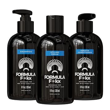 Formula F=kx - Curly & Kinky Hair Care System for Men - Hydrating Shampoo, Conditioner, and Curl Cream Set - Sulfate Free - Ocean Scent - 8oz Each