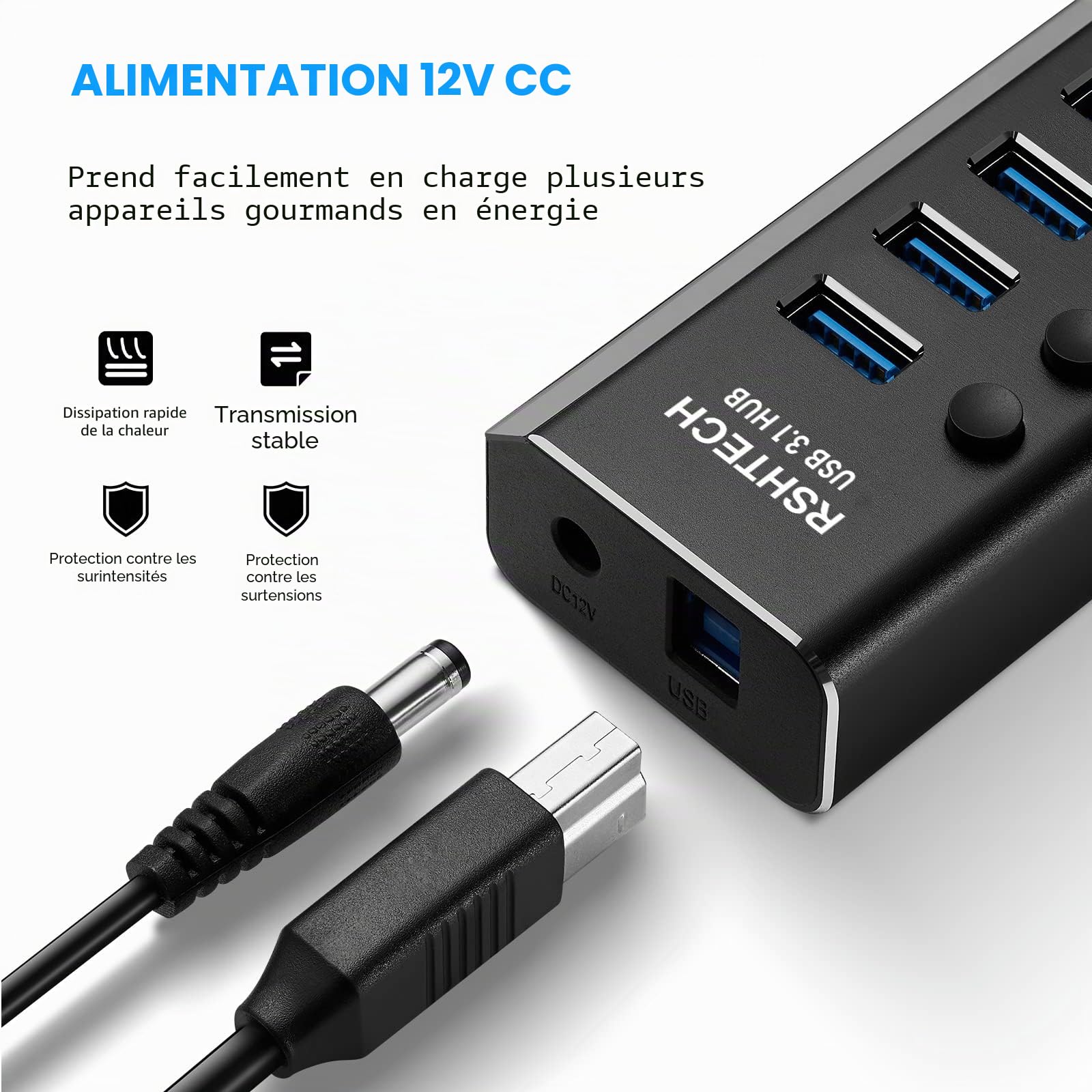 RSHTECH Hub USB 3.0 à 10 Ports Aluminium, Hub USB 3.1 Alimenté, RSH-A10S