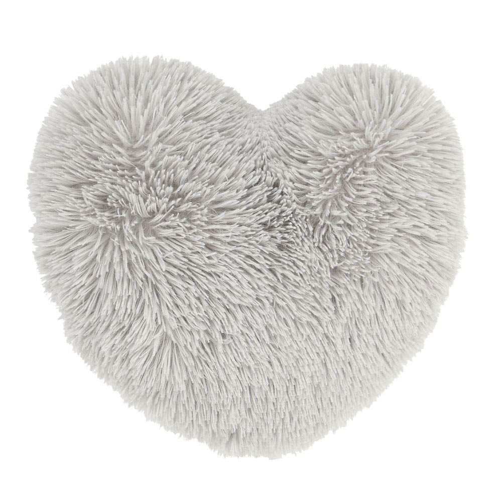 Catherine Lansfield Cuddly Deep Pile Faux Fur Heart Shaped Cushion Silver Grey