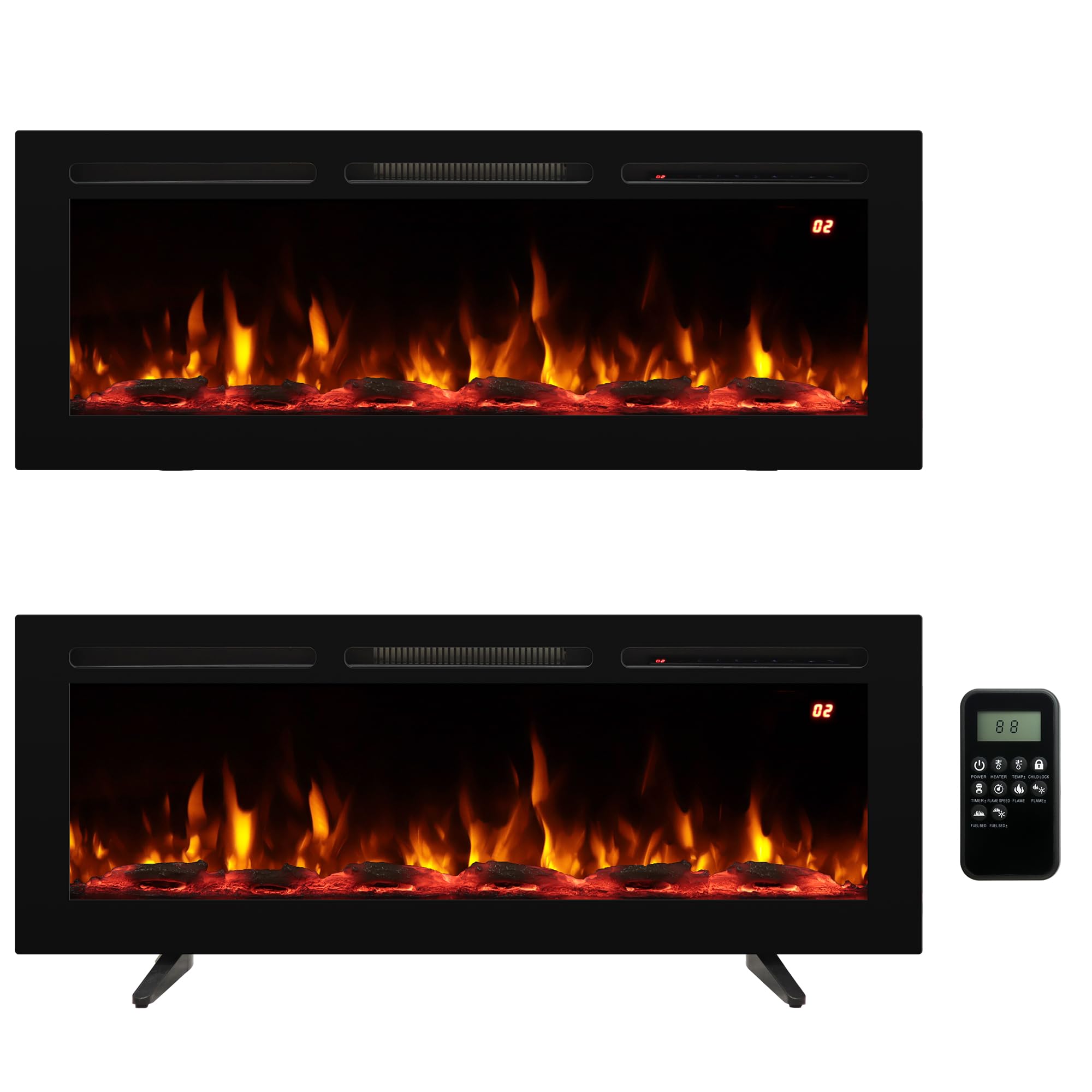 48 Inch Wall Mounted/Recessed/Freestanding Electric Fireplace Inserts?3 in 1 Electric Fireplace with 4 Solid Flame Colors & 10 Mixed Flame Colors,1-9H Timer, 750w/1500w
