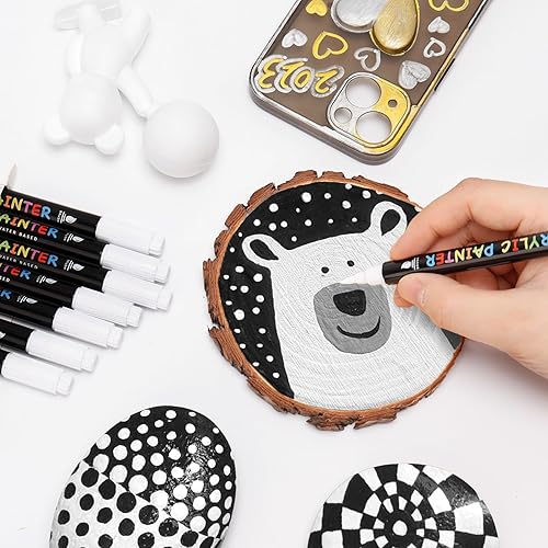 Miniatura 7 de Marcadores de pintura blanca, paquete de 8 bolígrafos de pintura acrílica de doble punta con punta media y punta de pincel, ideal para madera,