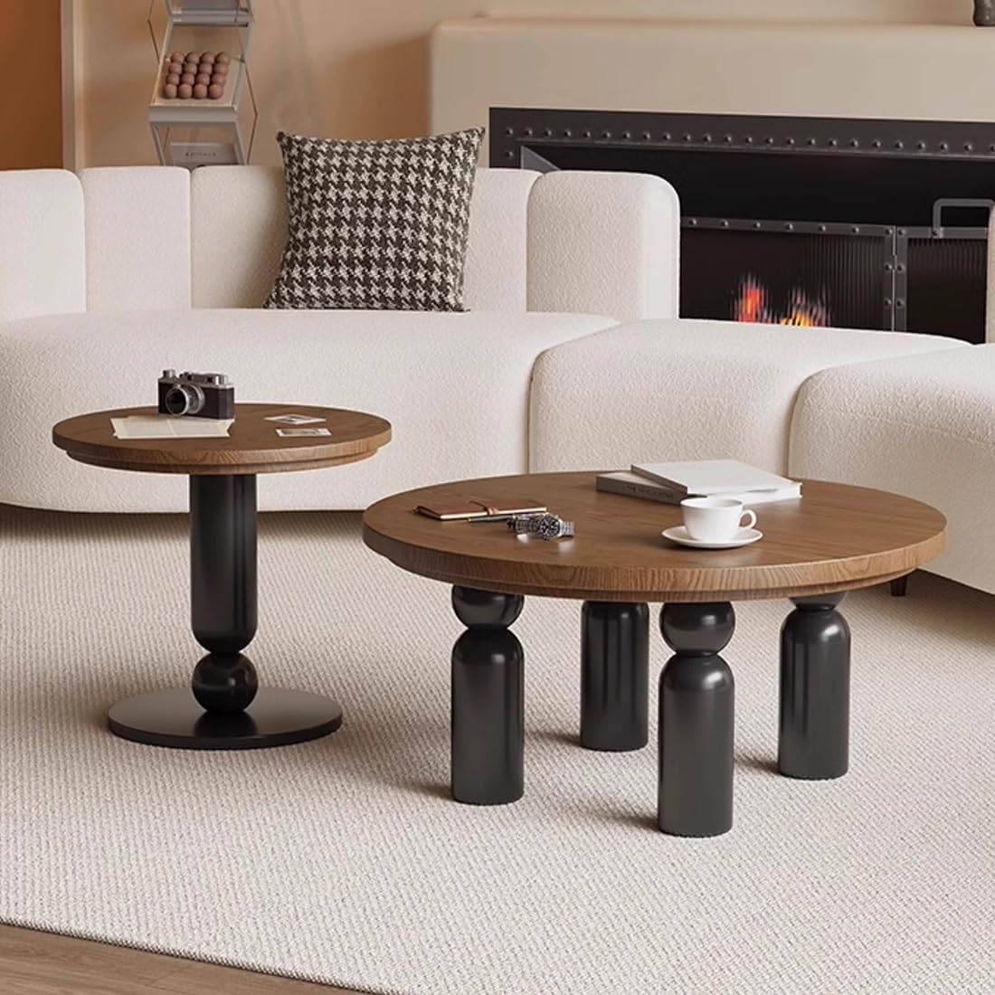 Retro Semi-Nesting coffee tea Table with Legs Set of 2 - Round Side Table, couch center tables for Living Room, Bedroom, Apartment & Small Spaces - Minimalist Wood Nested Coffee End Table(Walnut+black