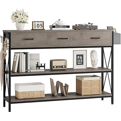 HITHOS 47.2" Long Console Table with 3 Drawers and 3-Tier Storage Shelves, Industrial Sofa Table for Living Room Entry Way
