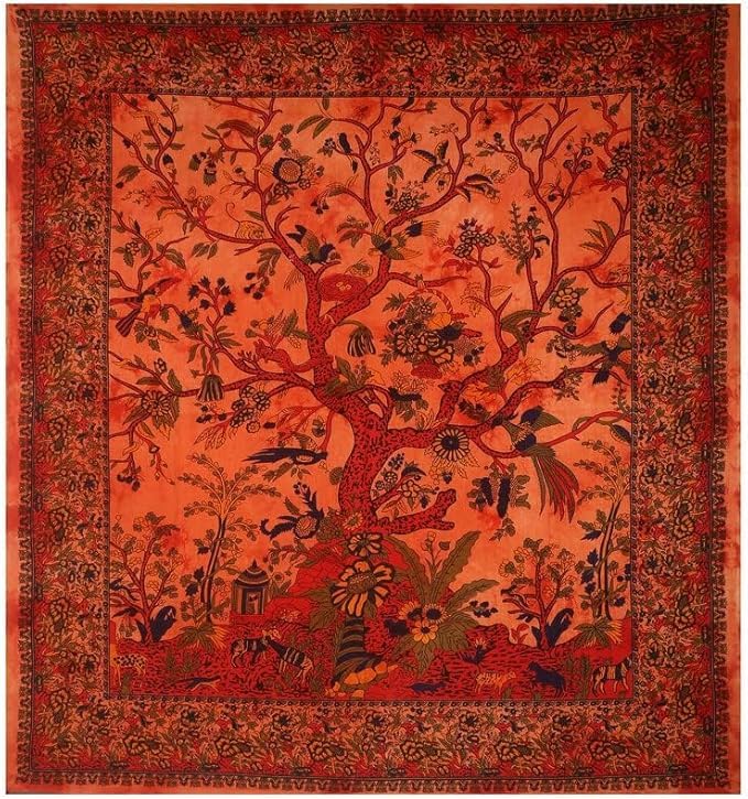 THE ART BOX Tapestry Orange Tree of Life Wall Hanging – Indian Cotton Small Size Bedspread, Picnic Sheet, Wall Decor, Blanket, Wall Art for Bedroom (