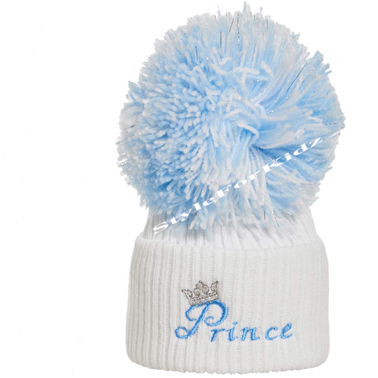 Luxury British Made Baby Boy Full Blue White/Blue Prince Silver Pom Cute Decorative Frilly Knitted Pom Pom Newborn Baby Hats