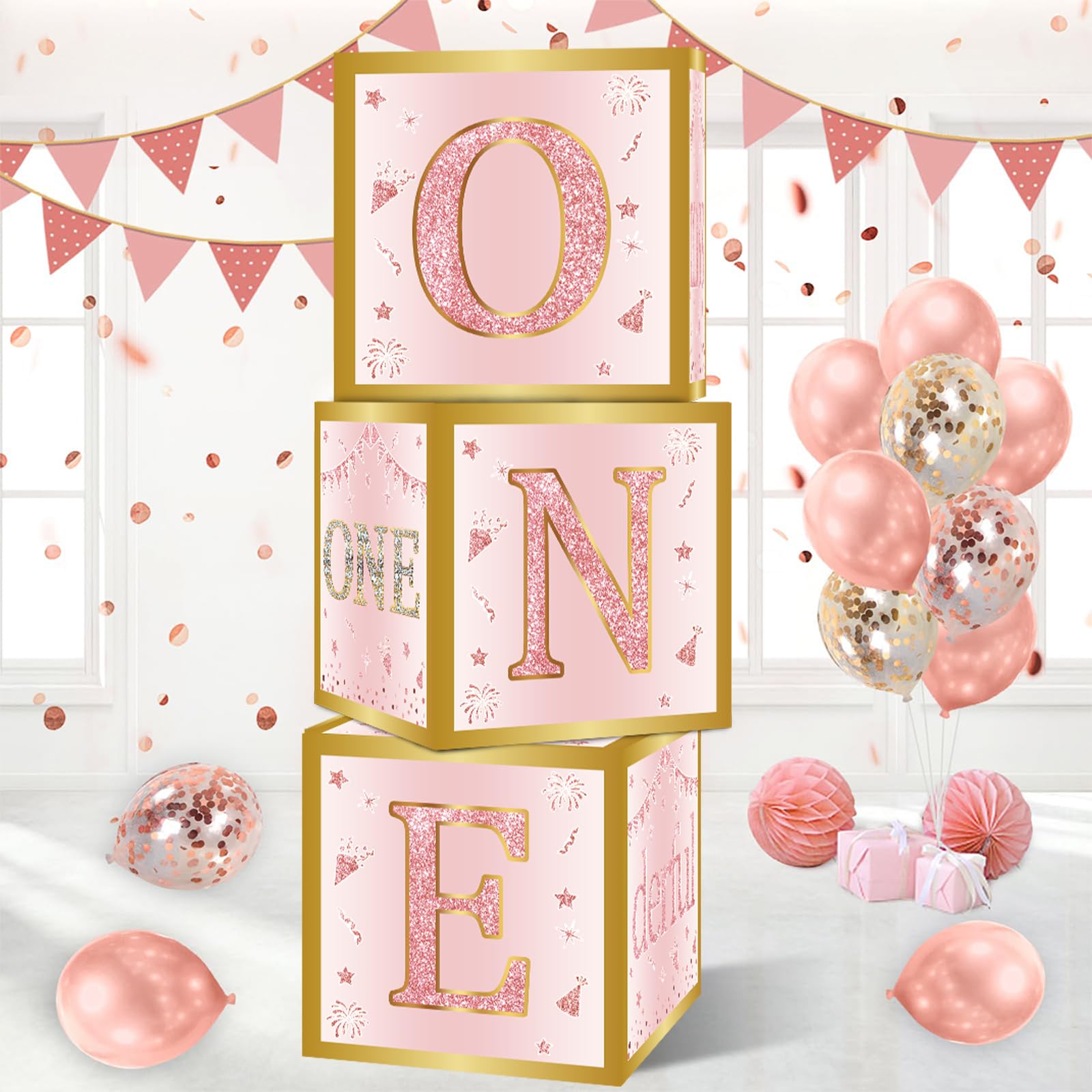 Scatole Decorative per il Primo Compleanno di Bambina , 3 pezzi Rosa Oro Scatole Palloncini per Prima Festa Compleanno, ONE Scatola Decorazioni Feste Rosa per 1 Anno Battesimo Bambina