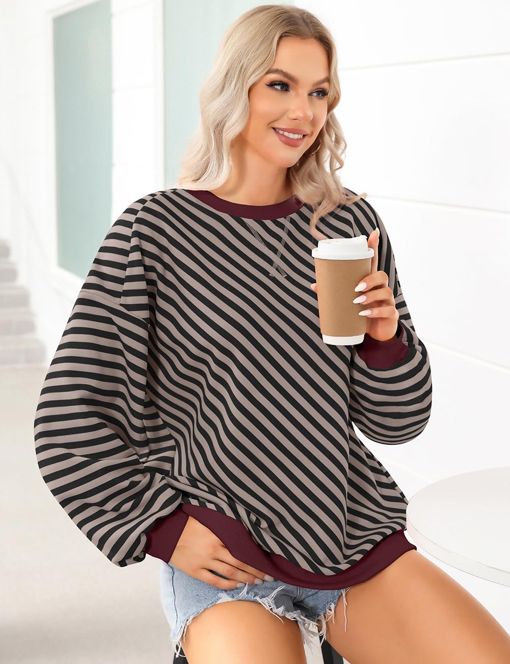 UEU Women's Striped Oversized Sweatshirt Long Sleeve Crewneck Shirts Y2K Pullover Hoodies 2025 Fall Fashion Outfits Clothes - Image 2