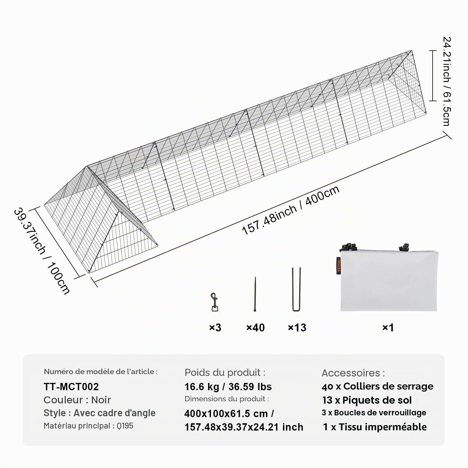 VEVOR Enclos du poulailler, 400 x 100 x 61,5 cm (LX LX H), Tunnels à Poules pour la Cour, poulailler Portable pour l’extérieur avec Cadres d’Angle, Cage à Poules adapté aux Poulets, Canards, Lapins