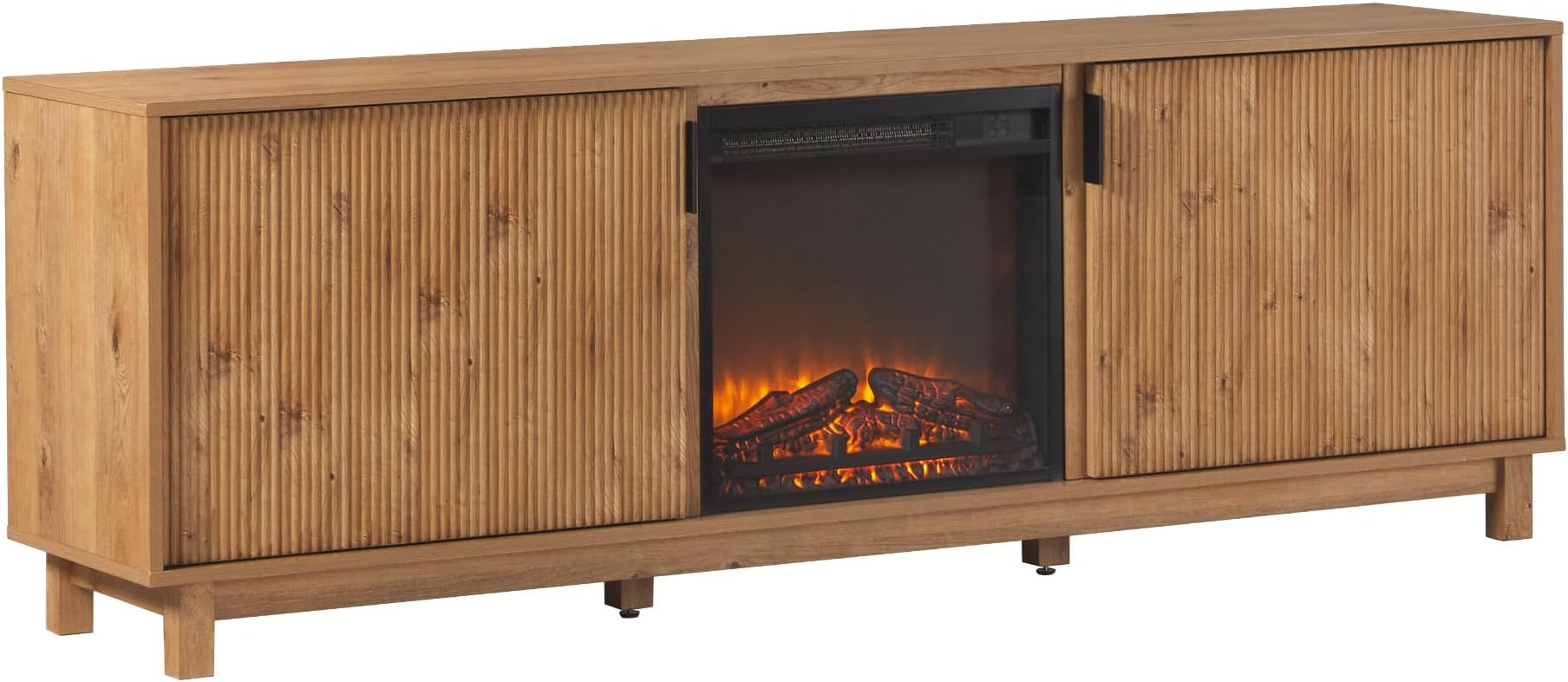 Arundo Reeded TV Stand with Fireplace & Storage, 70" Fireplace, English Oak