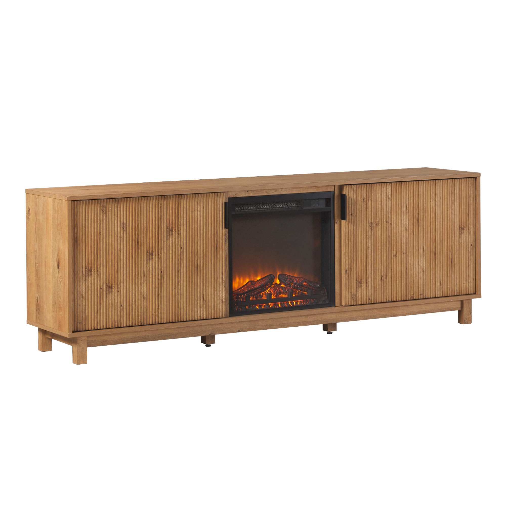 Walker Edison Arundo Reeded TV Stand with Fireplace & Storage, 70" Fireplace, English Oak