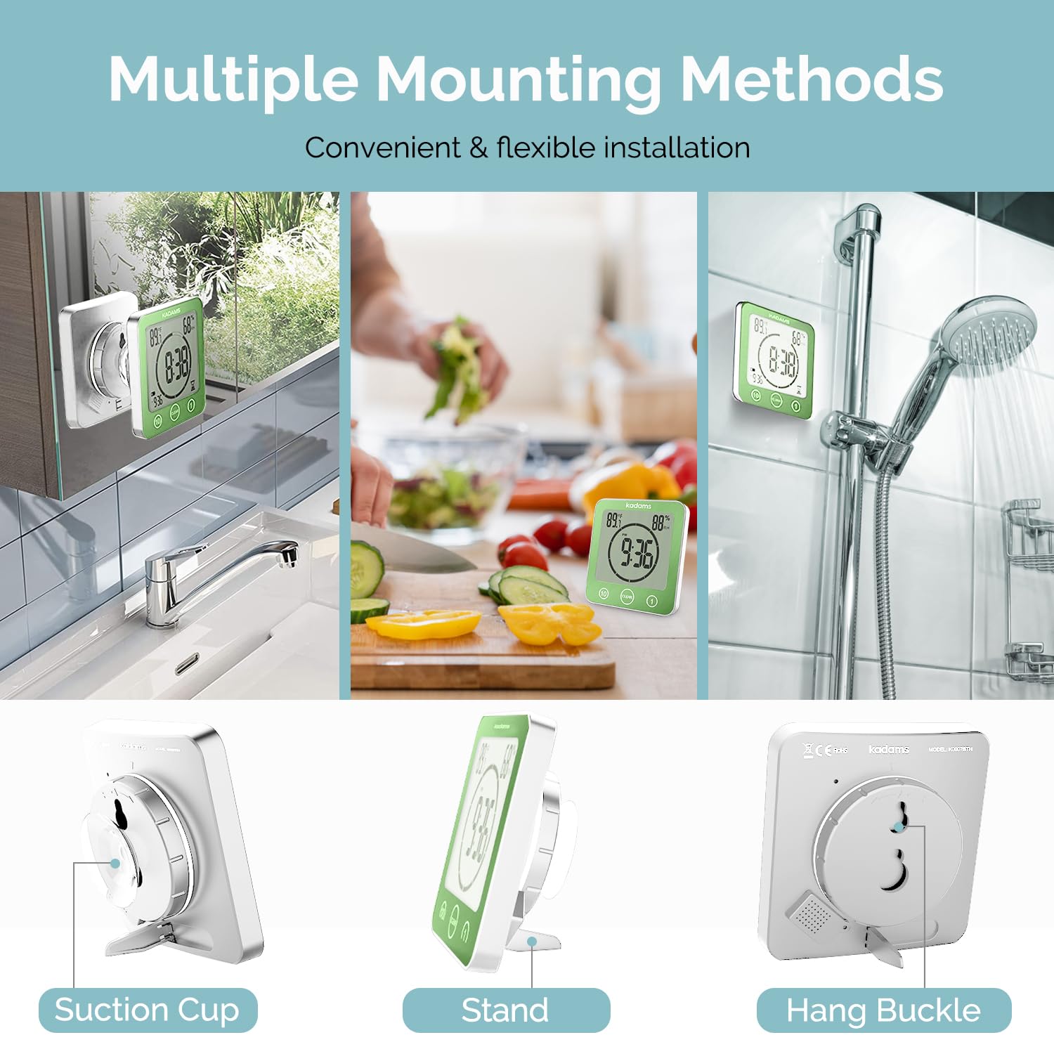 KADAMS Digital Bathroom Shower Kitchen Wall Clock Timer with Alarm, Waterproof for Water Spray, Touch Screen Timer, Temperature Humidity, Suction Cup Hanging Hole Stand - Green