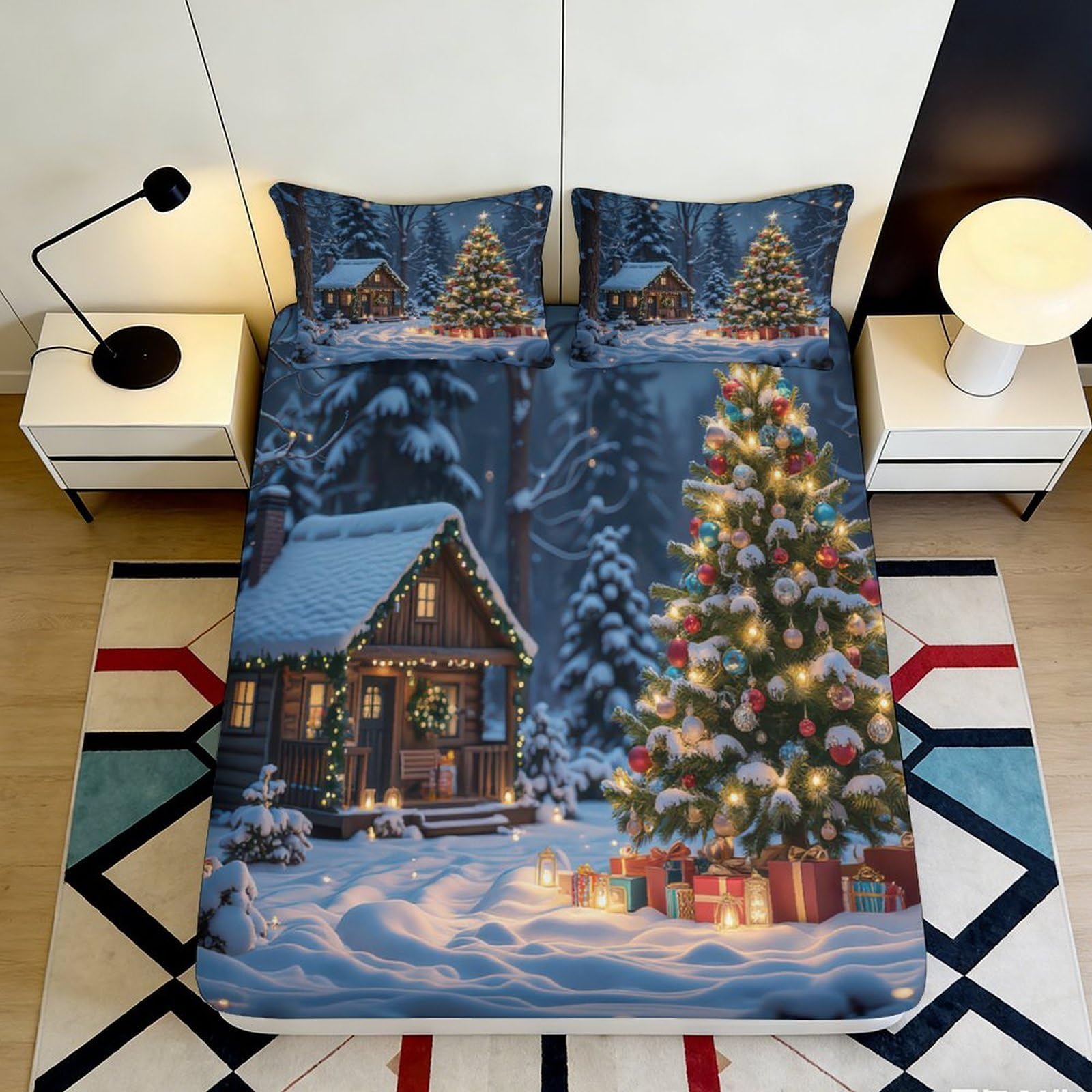 3D Printed Snowy Cottage Fitted Sheet Microfiber Soft Christmas Tree Mattress Cover Bedroom Dorm Decor 90x200x25cm