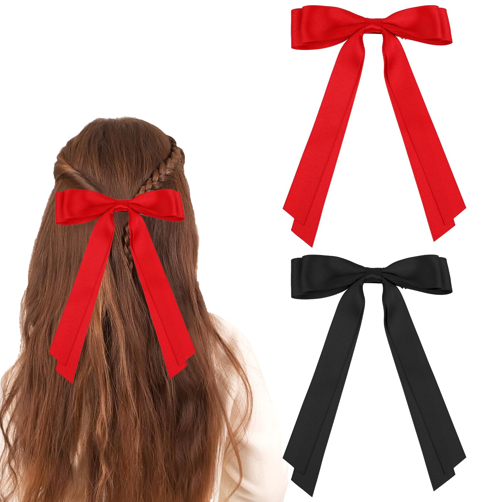 Hair Bows for Girls, 2 PCS Large Silky Satin Long Tail Hair Ribbon Clips Ponytail Holder with Metal Alligator Clips Retro Cute Black Red Hair Barrettes Aesthetic Bowknot Hair Accessories for Women