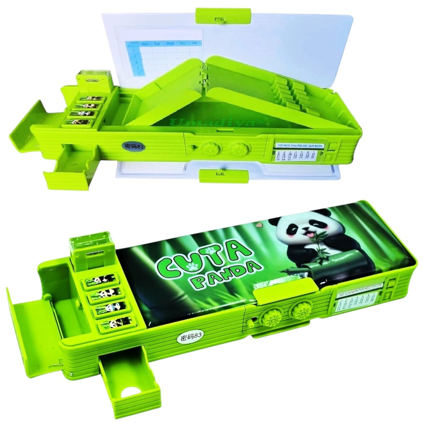 Umadiya® Multifunctional Panda Password Lock Double Sided Compass Box for Kids, Pencil Box for Boy & Girl, Aesthetic Stationary Items, Panda Theme Pencil Case Return Gifts for Kids (Green)-image-48