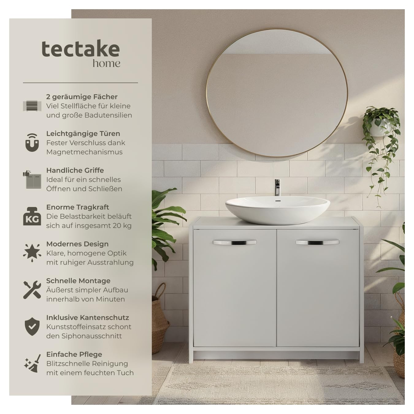 tectake® Waschbeckenunterschrank, Waschtisch Unterschrank, Badschrank für unter Waschbecken, Spüle, Schrank Möbel Badunterschrank, Waschtischunterschrank für Badezimmer & WC, Badmöbel - weiß