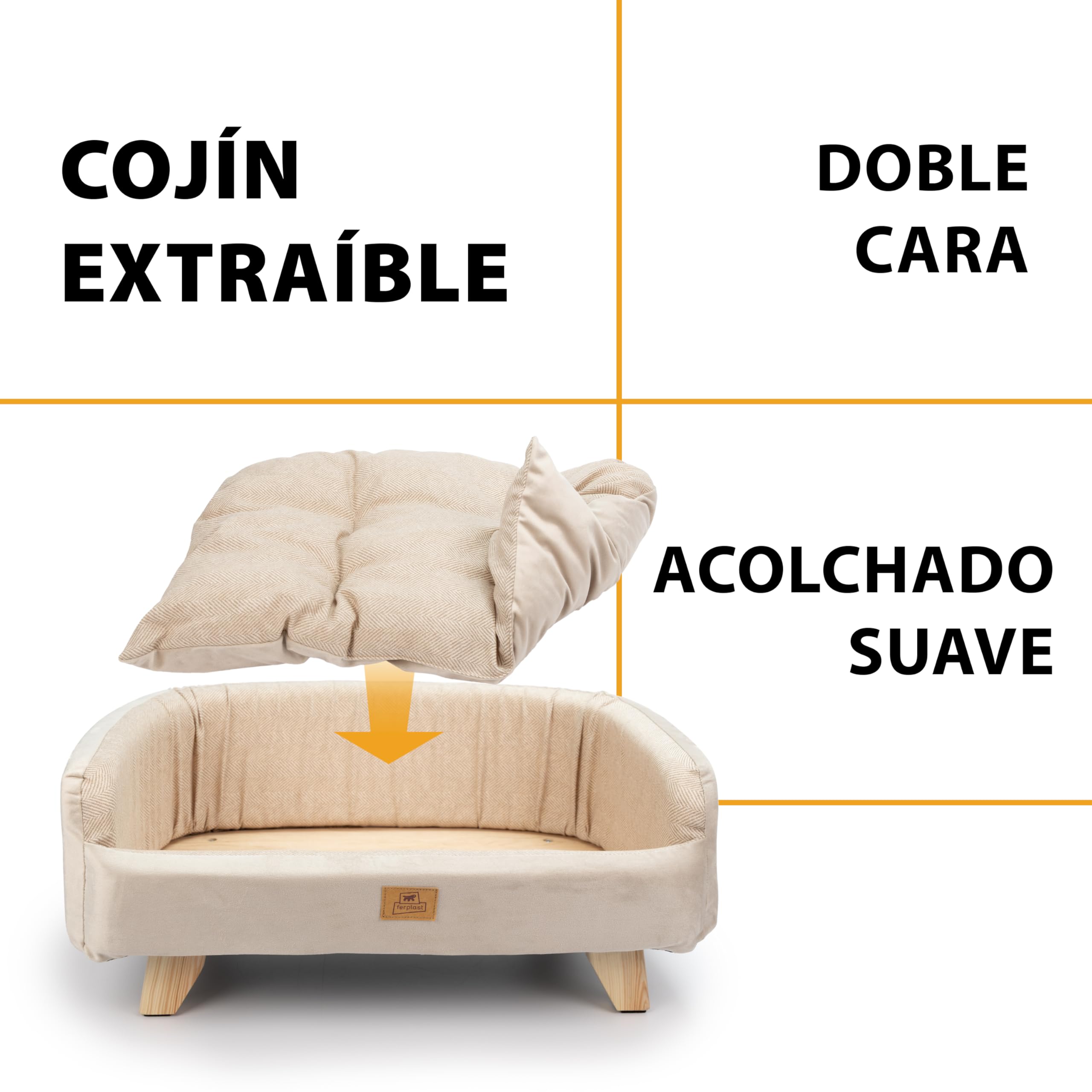 Ferplast Cama para Perros y Gatos de Madera certificada FSC® con cojín Suave, Estilo, Comodidad y Durabilidad, 62 x 45 x h 26 cm.