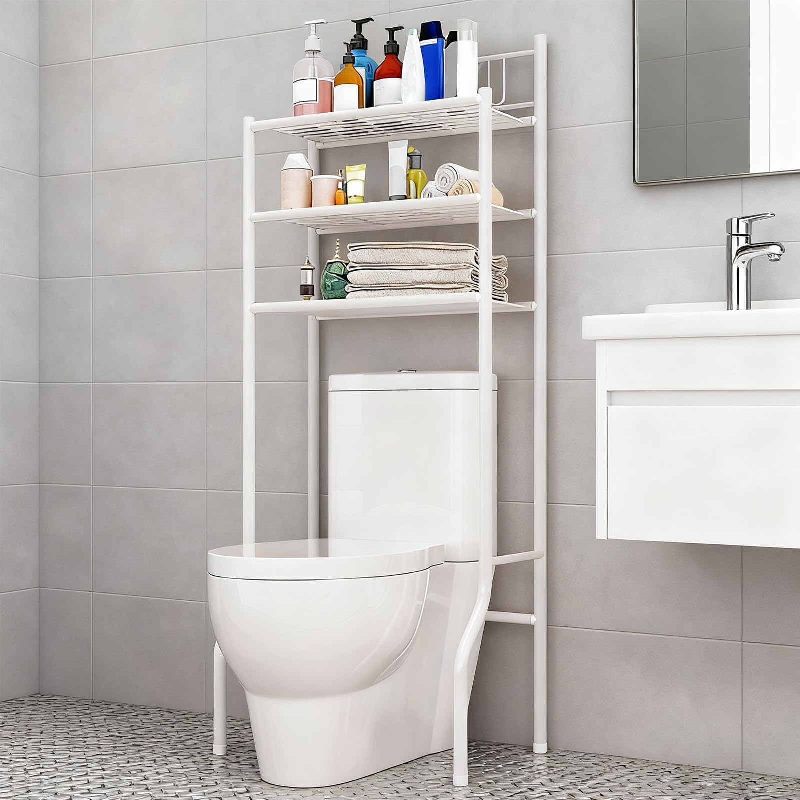 Mensola portaoggetti sopra Il WC | Mensola in Metallo a 3 Livelli salvaspazio per Piccoli spazi, Lavanderia, Appartamento, dormitorio - Asciugamani e bagnoschiuma Ideali