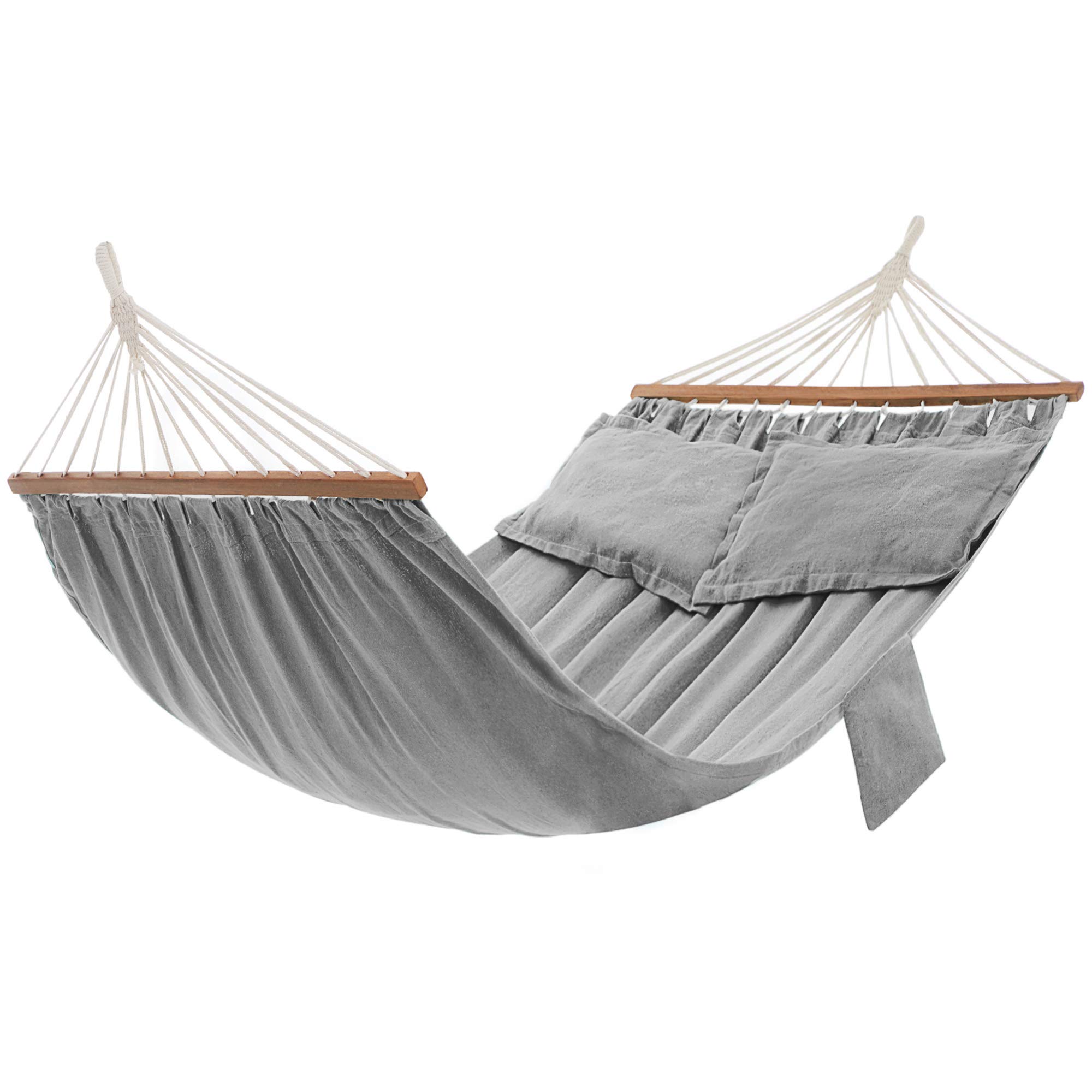 SONGMICS Hammock, Outdoor Swing Bed with 2 Pillows, Wooden Bars, Load Capacity 300 kg, 210 x 150 cm, Grey GDC022G01The Forest Stewardship Council