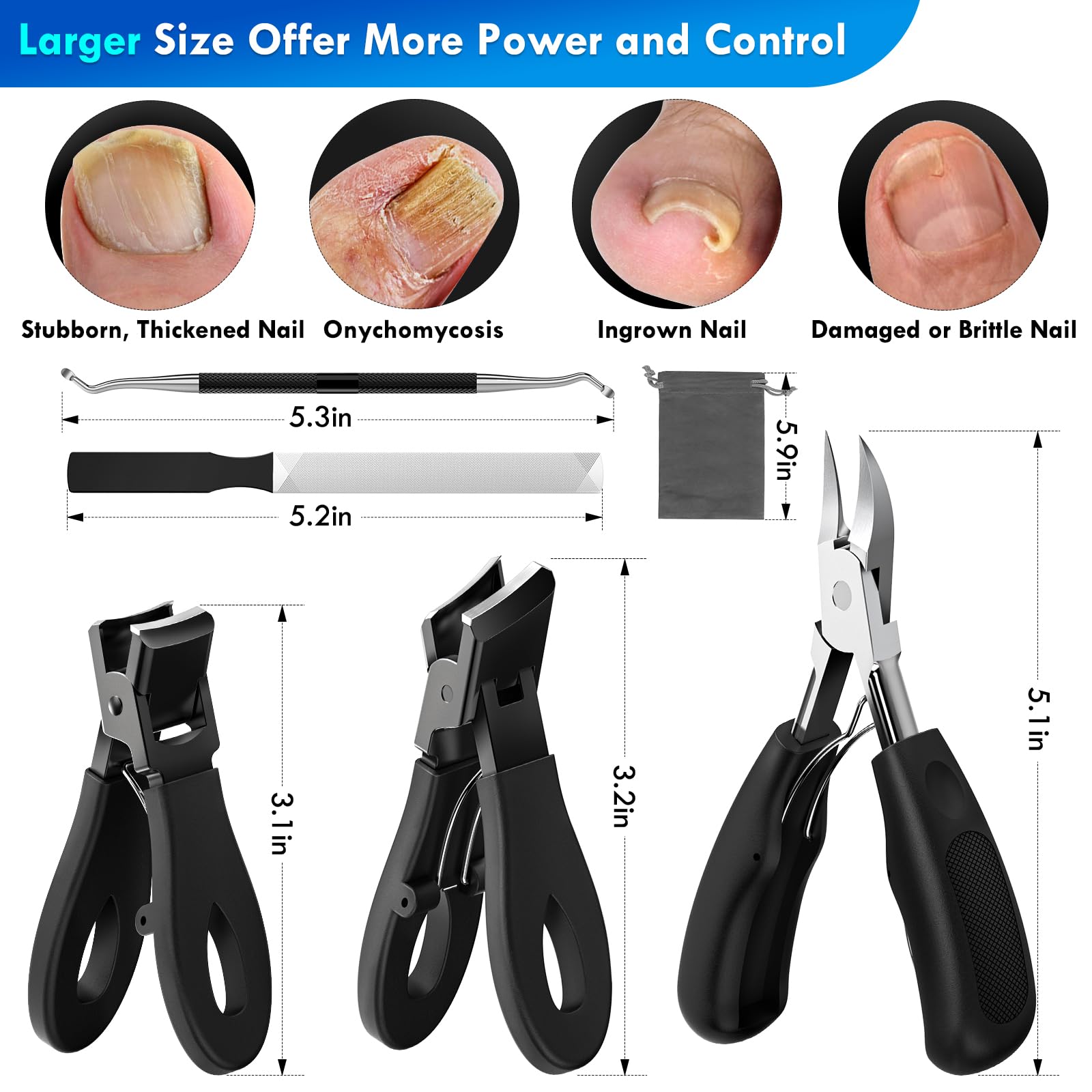 Kit profesional de herramientas de uñas encarnadas para personas mayores, cortaúñas rectas de mandíbula ancha, cortaúñas en ángulo grande para uñas gruesas o uñas resistentes, juego de manicura para