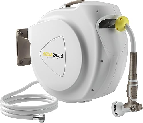 Carrete de manguera de jardín retráctil, 12 pulgada 100+6 pies, carrete de manguera de agua montado en la pared resistente, rebobinado automático de