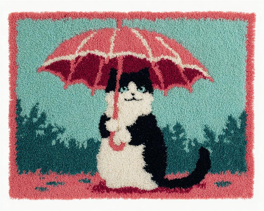 Kitquiver Rug Kits for Adults Latch Hook Pre Printed Cat Holding an Umbrella DIY Crafts Crochet Yarn Handmade Embroidery with Printed Canvas Needlework for Home Decor 23X35In