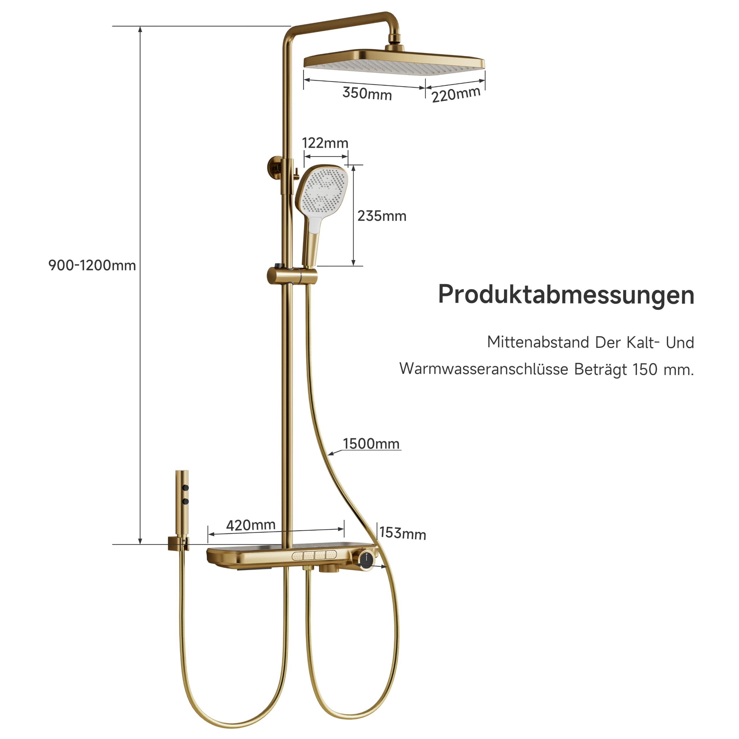 Duschsystem Gebürstetes Gold, 4-Funktionen-Duschset mit Thermostat | Ausgestattet mit einer 350 × 220 mm großen Kopfbrause, einer Handbrause, einer Sprühpistole und einem unteren Wasserauslass