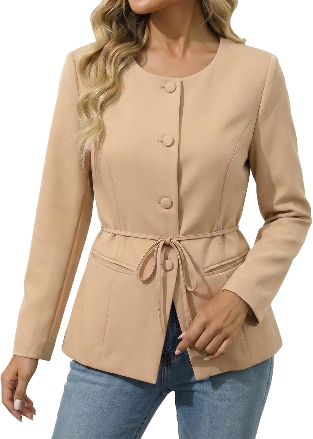 Mina Self 2026 Spring Women Long Blazer-Business Casual Crew Neck Button Down Split Hem Work Jacket with Pockets Belt - Image 2