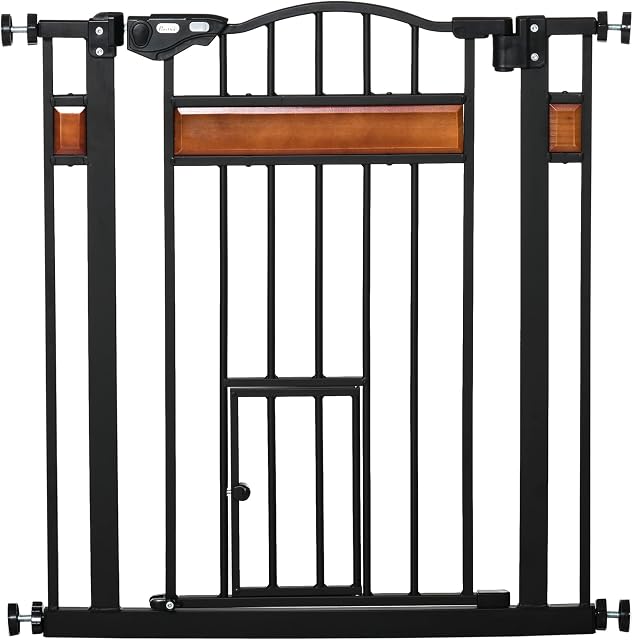 PawHut Dog Gate with Cat Flap Pet Safety Gate, Auto Close Double Locking Pine Wood Decoration, for Doorways Stairs Indoor, 74-80 cm Wide, Black