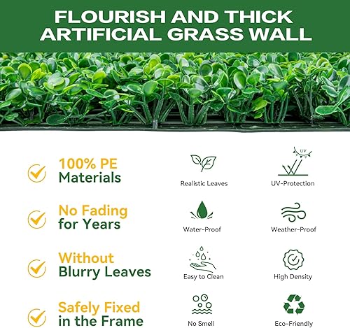 Miniatura 2 de 24 paneles de fondo de pared de césped de 20 x 20 pulgadas con lazos de cremallera, paneles de césped artificial de boj para pared de jardín y