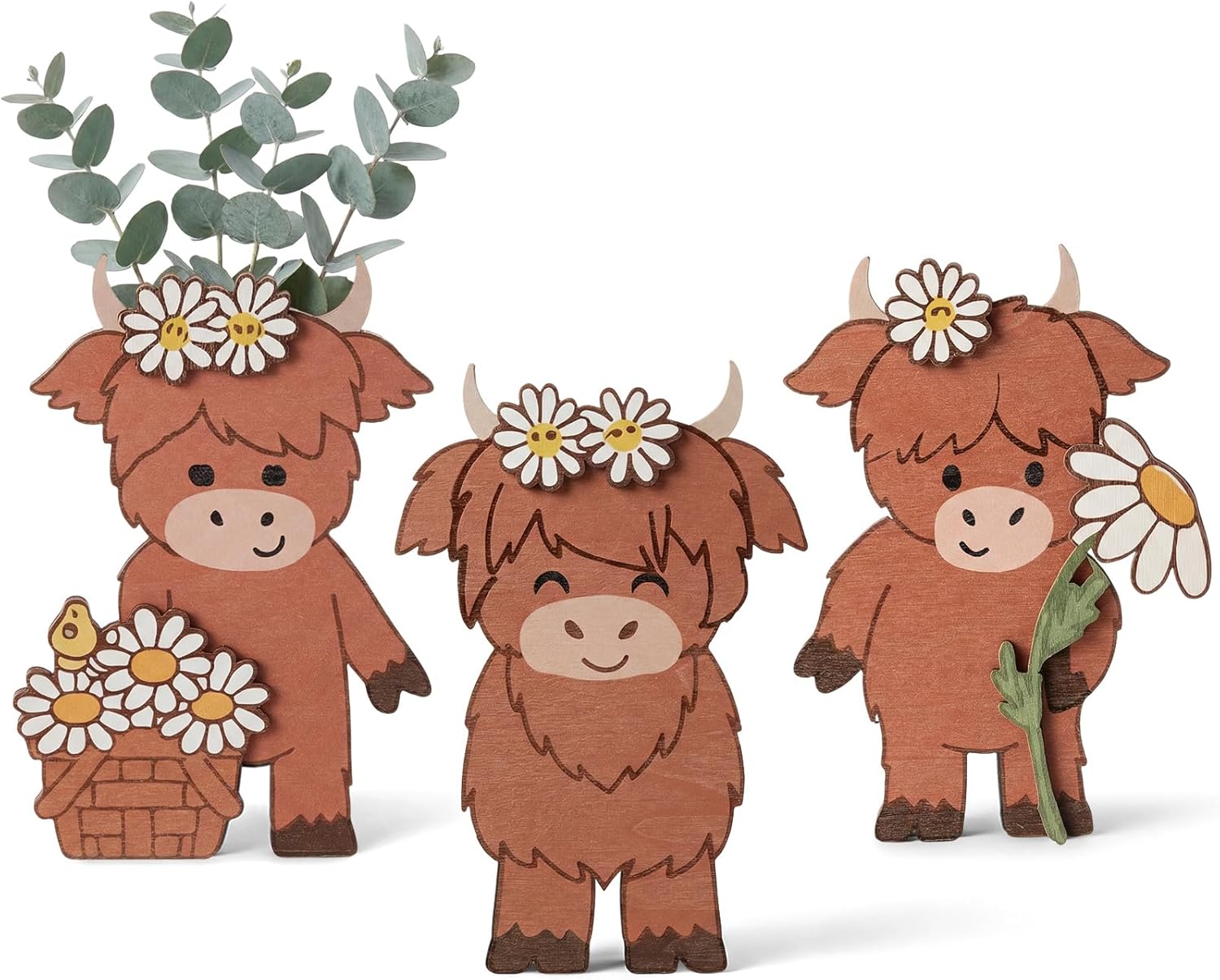 Highland Cow Gifts 3 Pcs Wall Decor Set Wooden Farmhouse Wall Planter for Highland Cow Lovers, Birthday Gift for Entryway, Living Room, Bathroom