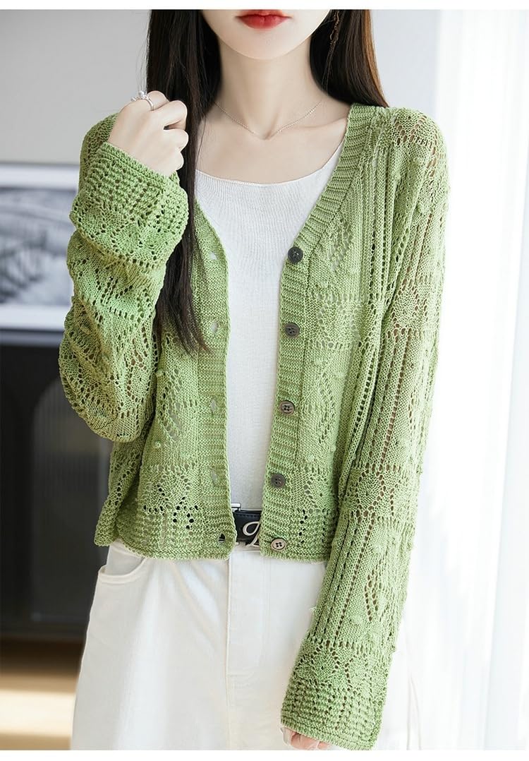 Cardigan Donna Cardigan da Donna in Lino Lavorato A Maglia con Motivo A Rombi Lavorato all'Uncinetto E Traforato con Scollo A V Bolero Estivo Leggero in Tencel con Bottoni Top E Giacca Co