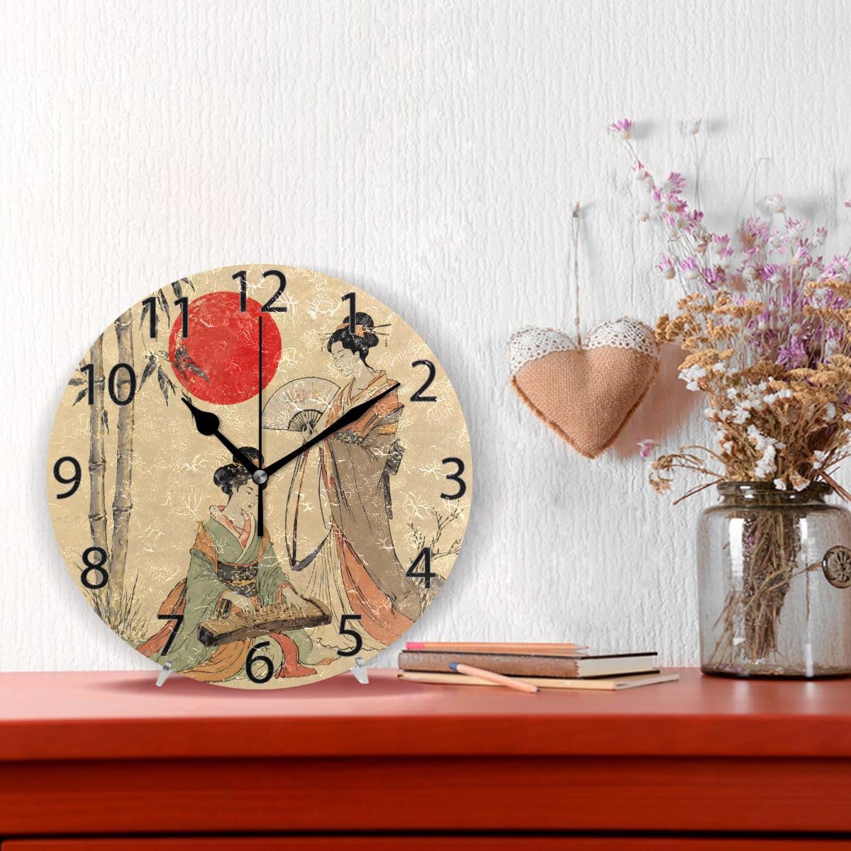 ALAZA - Orologio da parete rotondo con geisha giapponese, silenzioso, senza ticchettio, per casa, ufficio, scuola, orologio decorativo