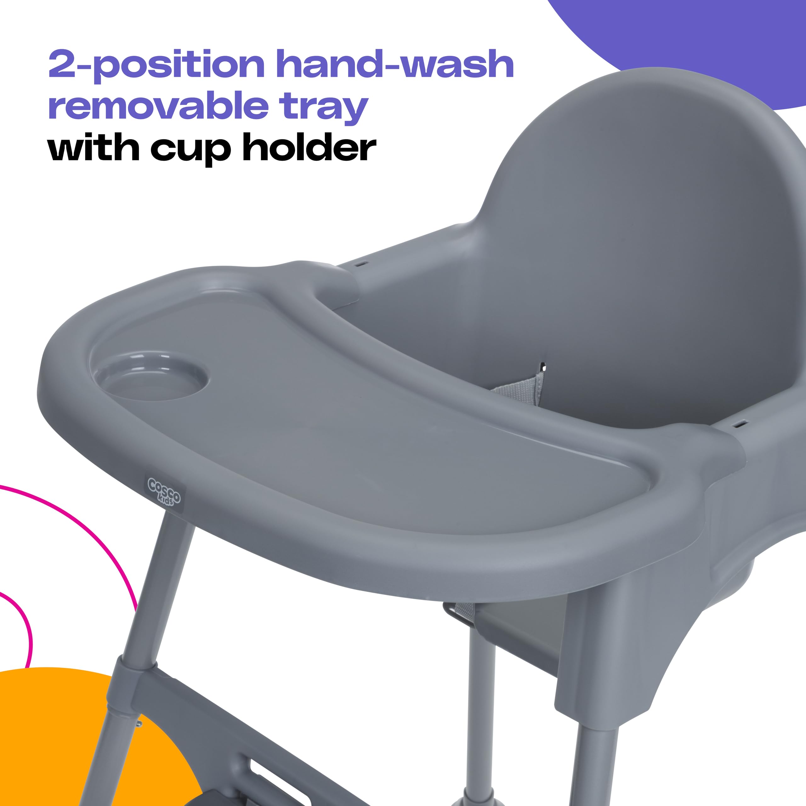 Cosco Kids Canteen High Chair Lightweight Portable Baby Feeding Chair with Adjustable Tray, Easy to Clean, Kitchen or Dining Use, Toddlers Up to 33 lbs, Mono Grey