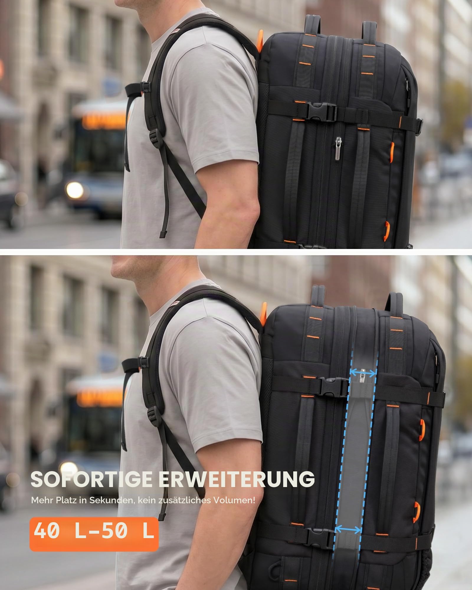 Tolaccea Reiserucksack, Handgepäck Rucksack Flugzeug, TSA-Freundlicher Laptop Rucksack 15,6 Zoll, Erweiterbar 40L auf 50L, Weekender Herren für Reise Wandern Camping