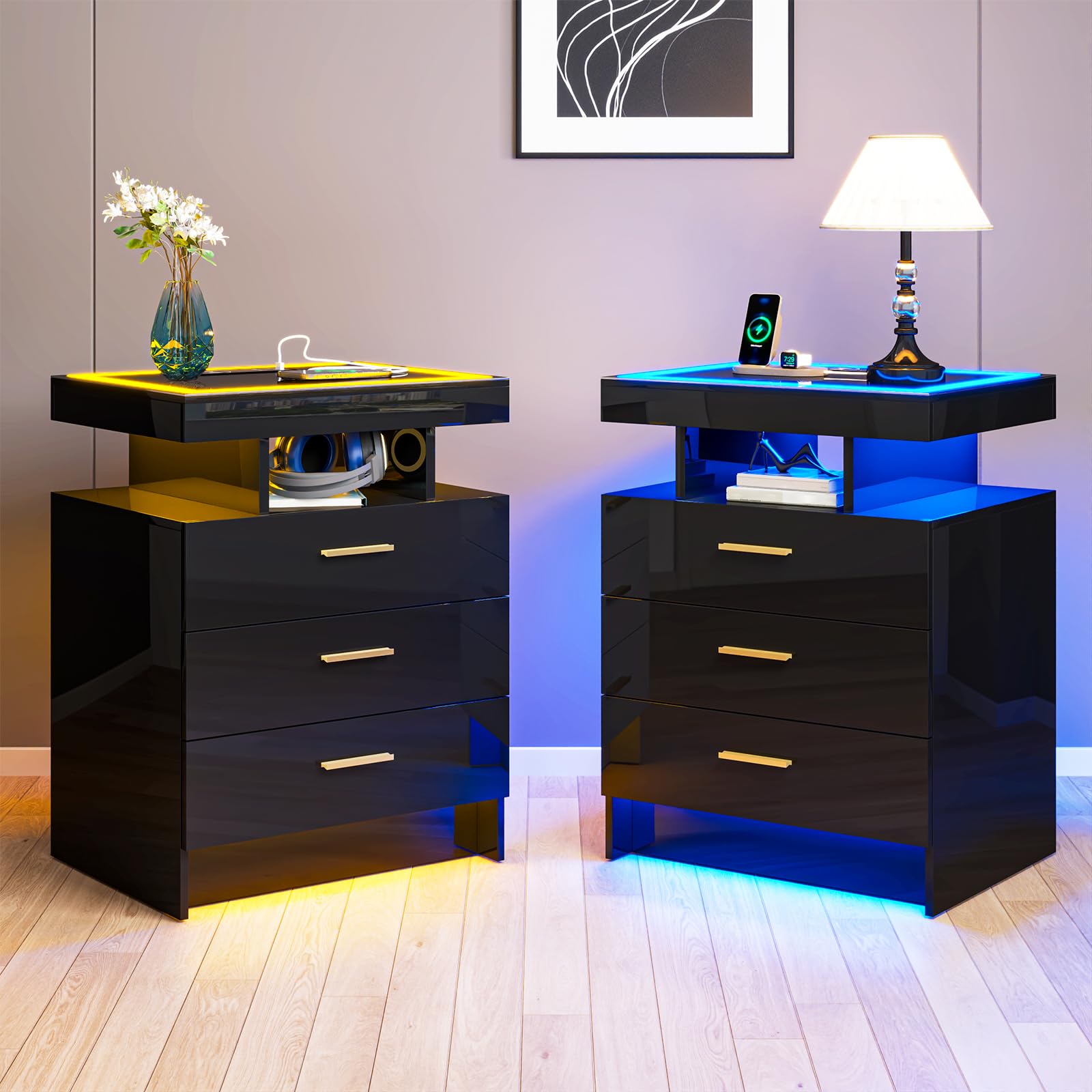 Gurexl LED Bedside Tables set of 2 with Wireless Charging Station,Smart Nightstand with Human Sensor, Highlights Bed Side Tables with 3 Drawers and Glass Tabletop for Bedroom Living Room Study,Black — image 1