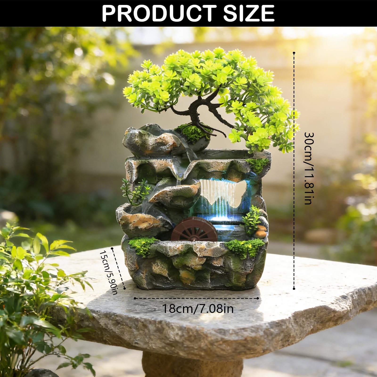Fontaine d'intérieur avec éclairage LED, Fontaine de Table d'eau en Rocaille Cascade de Bureau Cascade de méditation Zen Fontaine de Bureau avec Plantes Décoration pour Salon