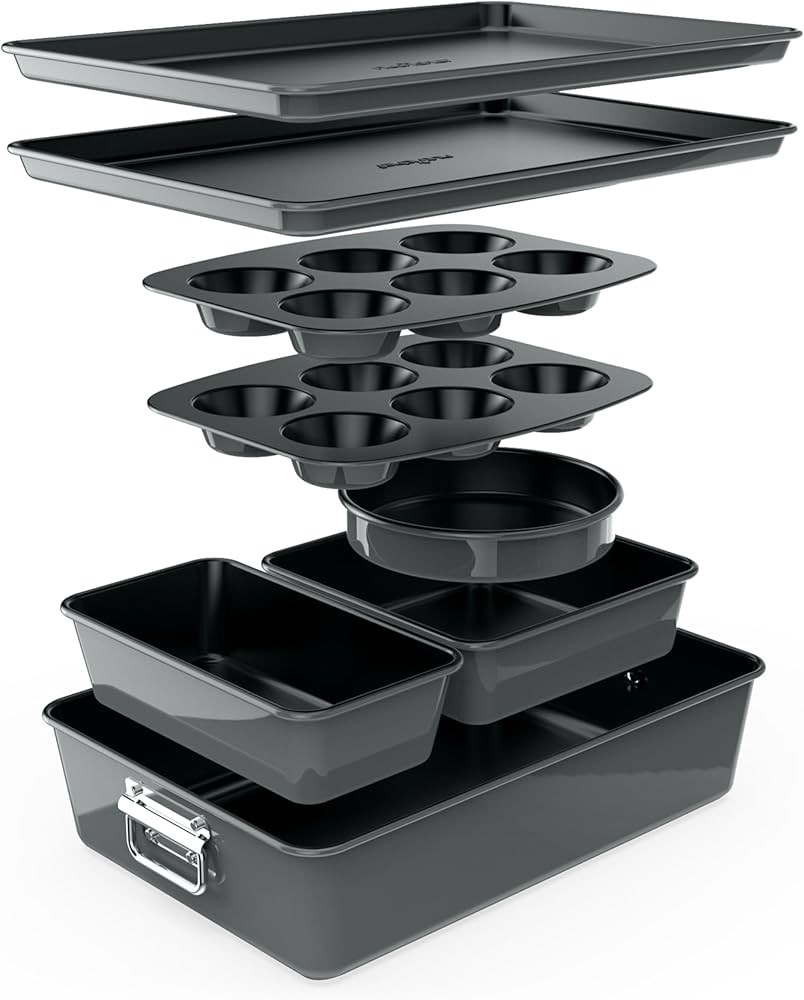NutriChef 8-Piece Nonstick Stackable Bakeware Set - PFOA, PFOS, PTFE Free Baking Tray Set w/Non-Stick Coating, 450°F Oven Safe, Round Cake, Loaf, Muffin, Wide/Square Pans, Cookie Sheet (Gray)