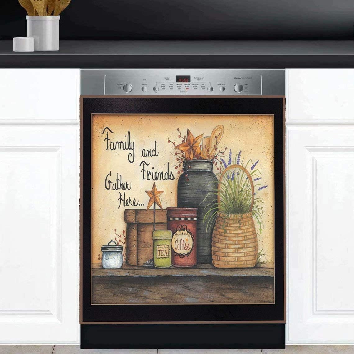 Country Family Dishwasher Magnet Cover Barn Star Sticker,Kitchen Decor Primitive Folk Art Refrigerator Magnetic Decal Panels,Fridge Door Cover,Home Appliances Decor Stickers 23" Wx17 H