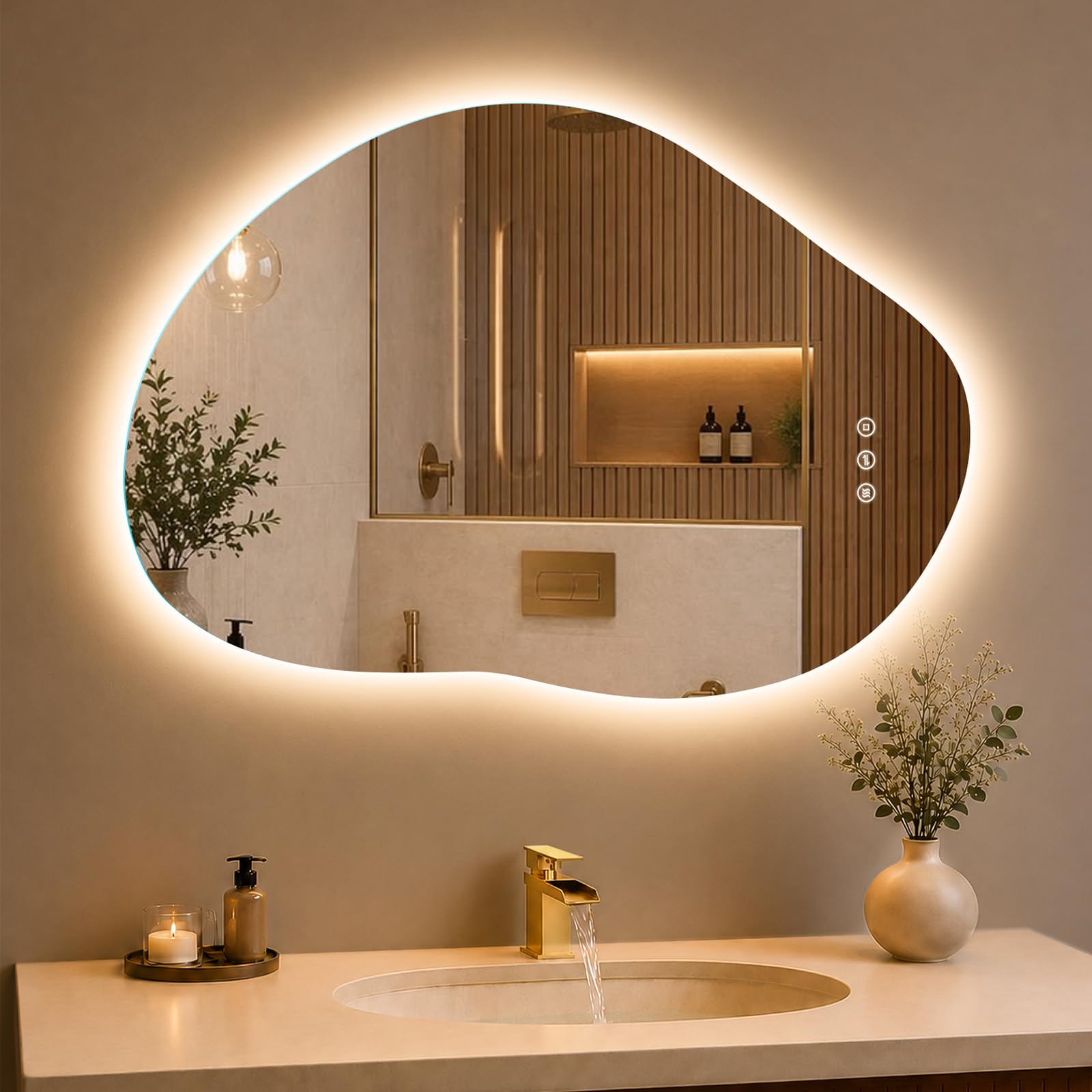 Miroir asymétrique avec éclairage, miroir de salle de bain LED avec interrupteur tactile, 3 couleurs de lumière à intensité variable, anti-buée, miroir de salle de bain avec éclairage 80 x 53