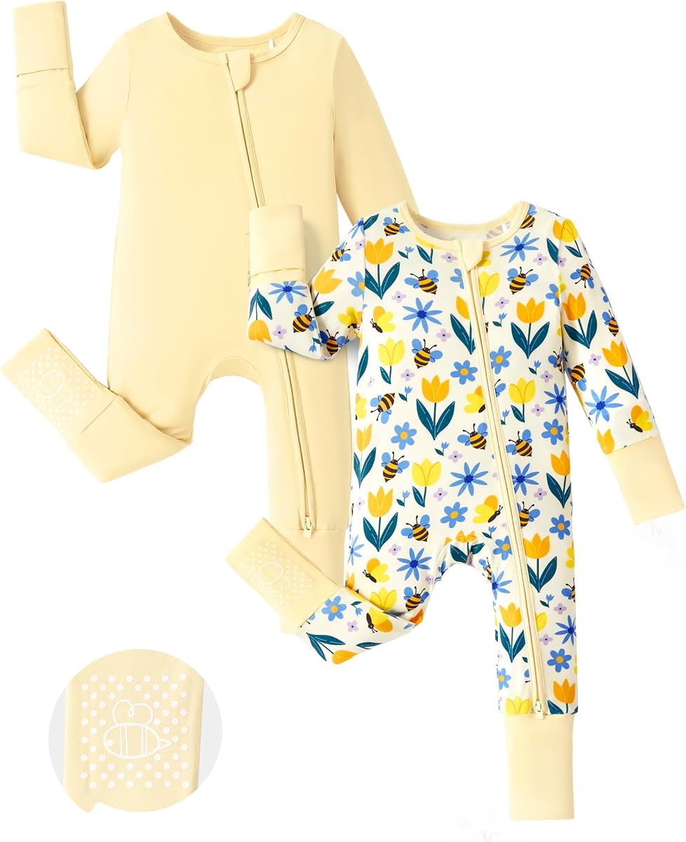 PATPAT Bamboo Viscose Baby Footie 2-Pack with Anti-Slip Grips, NB-2T | 2-Way Zipper, Fold-Over Mittens and Cuffs, Super Soft, Stretchy and Durable, Breathable Fiber
