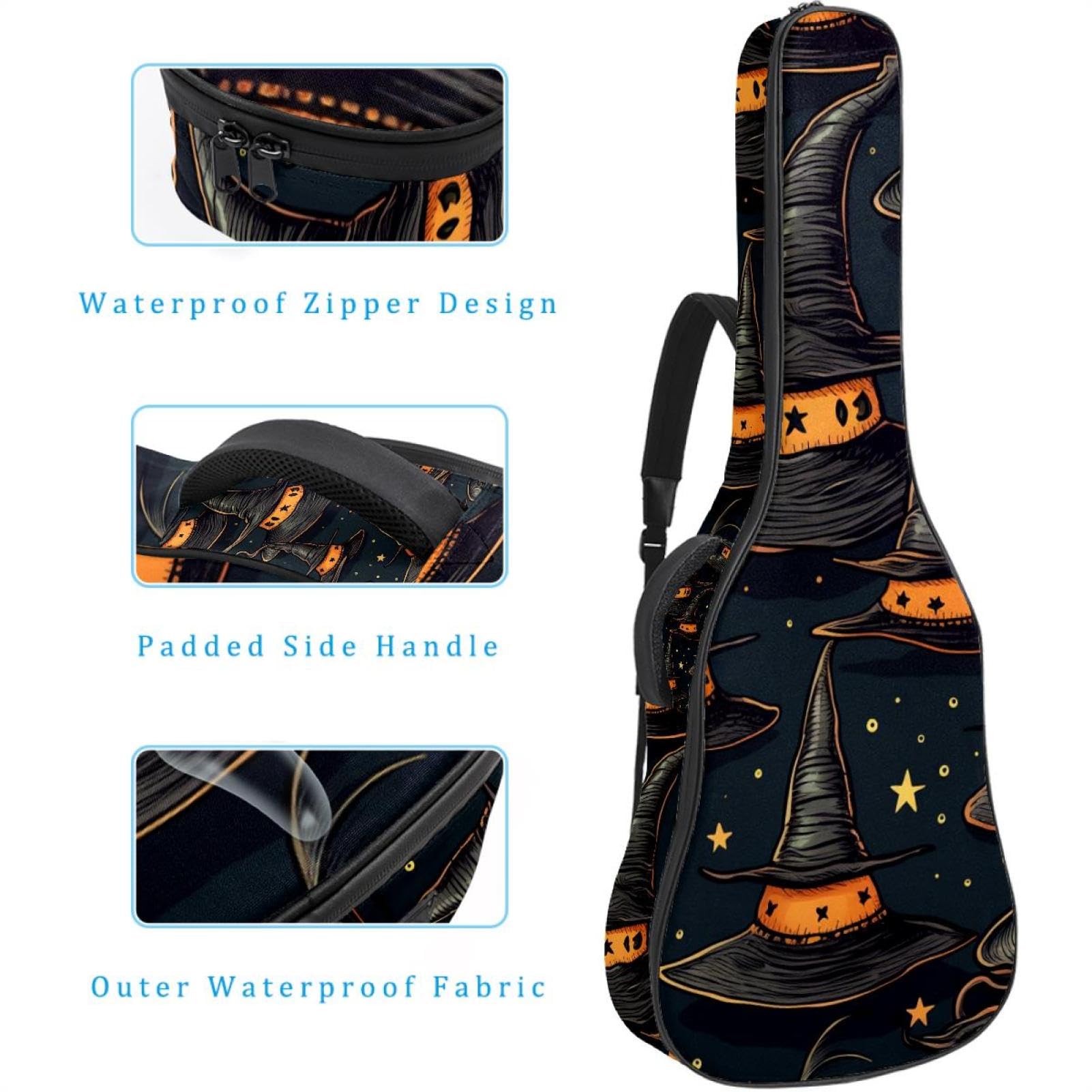 Tasche für Akustikgitarre mit zwei Taschen, Halloween-Hexenhüte, 14 wasserabweisend, doppelt verstellbarer Schultergurt, Gitarrentasche, Halloween-Hexenhüte, 42.9x16.9x4.7 in, Stilvoll