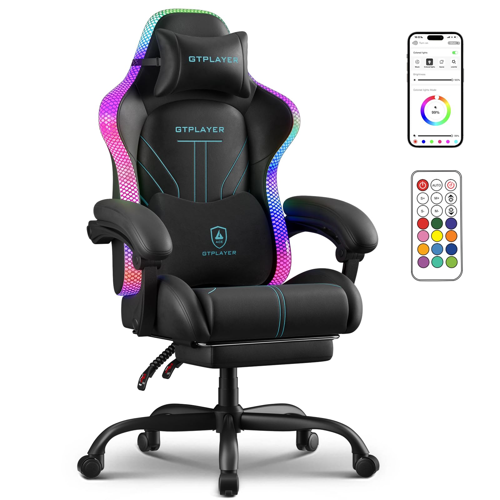 GTPLAYER Gaming Chair, Computer Chair with RGB LED Lights, High Back Ergonomic Chair for Adults with Footrest, Reclining Office Chairs, Linkage
