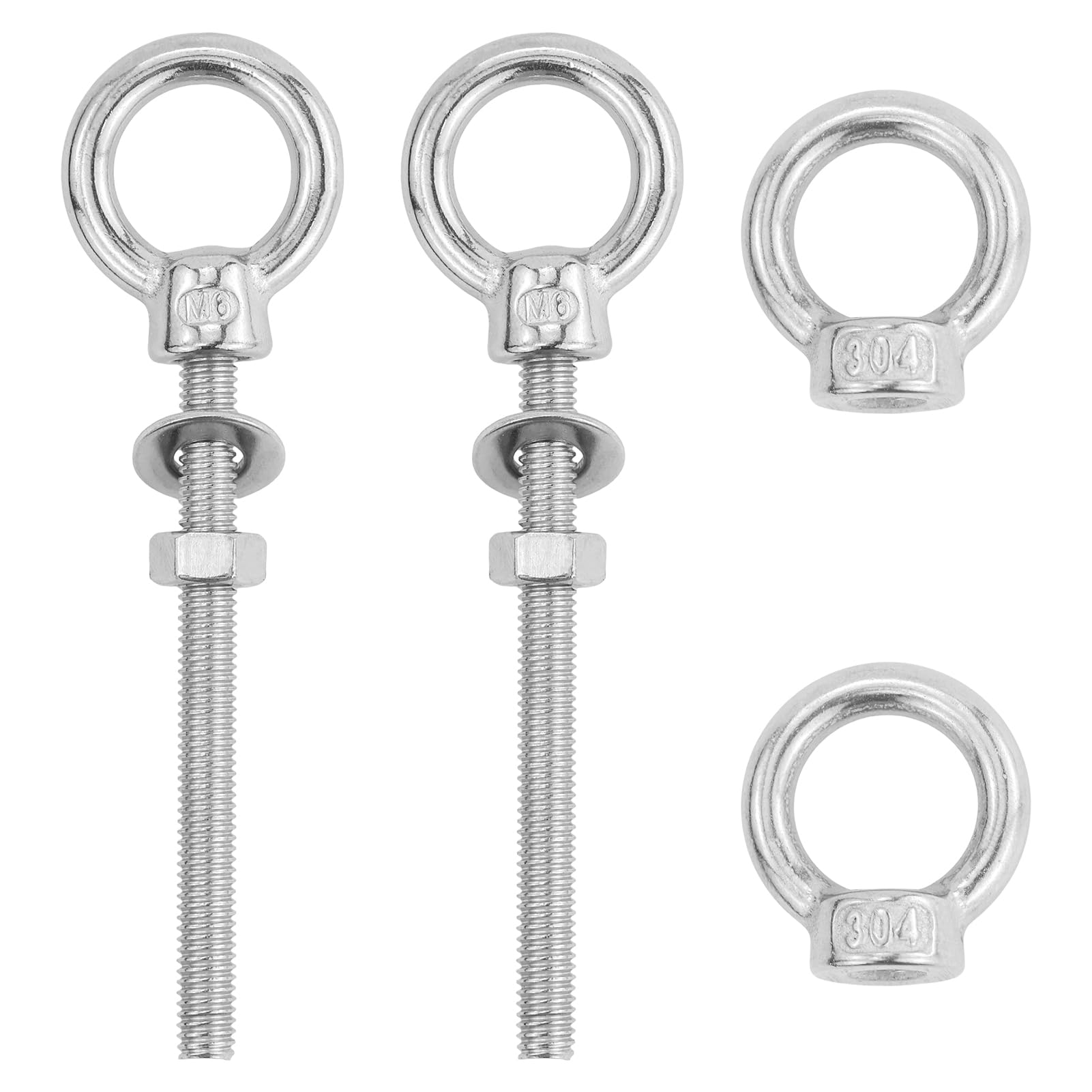 2 viti ad anello M6 x 60 mm, vite ad occhiello, con rondelle e dadi esagonali, vite oculare, e 2 dadi ad anello M6, per fissaggio e montaggio