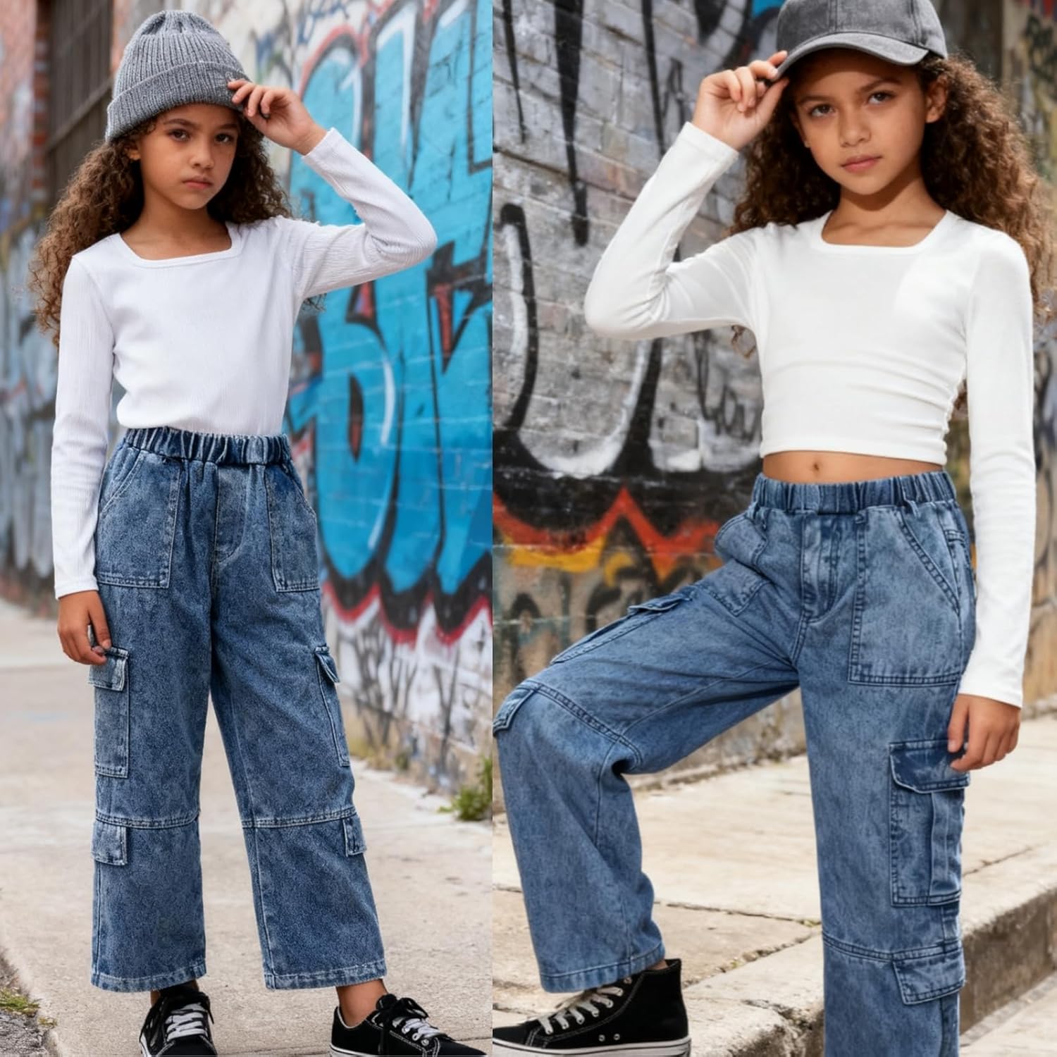 Tween Girls Clothes 2 Piece Long Sleeve Top + Denim Cargo Pants, Teen Girls Fall Clothing Set, Sizes 5-12 Years